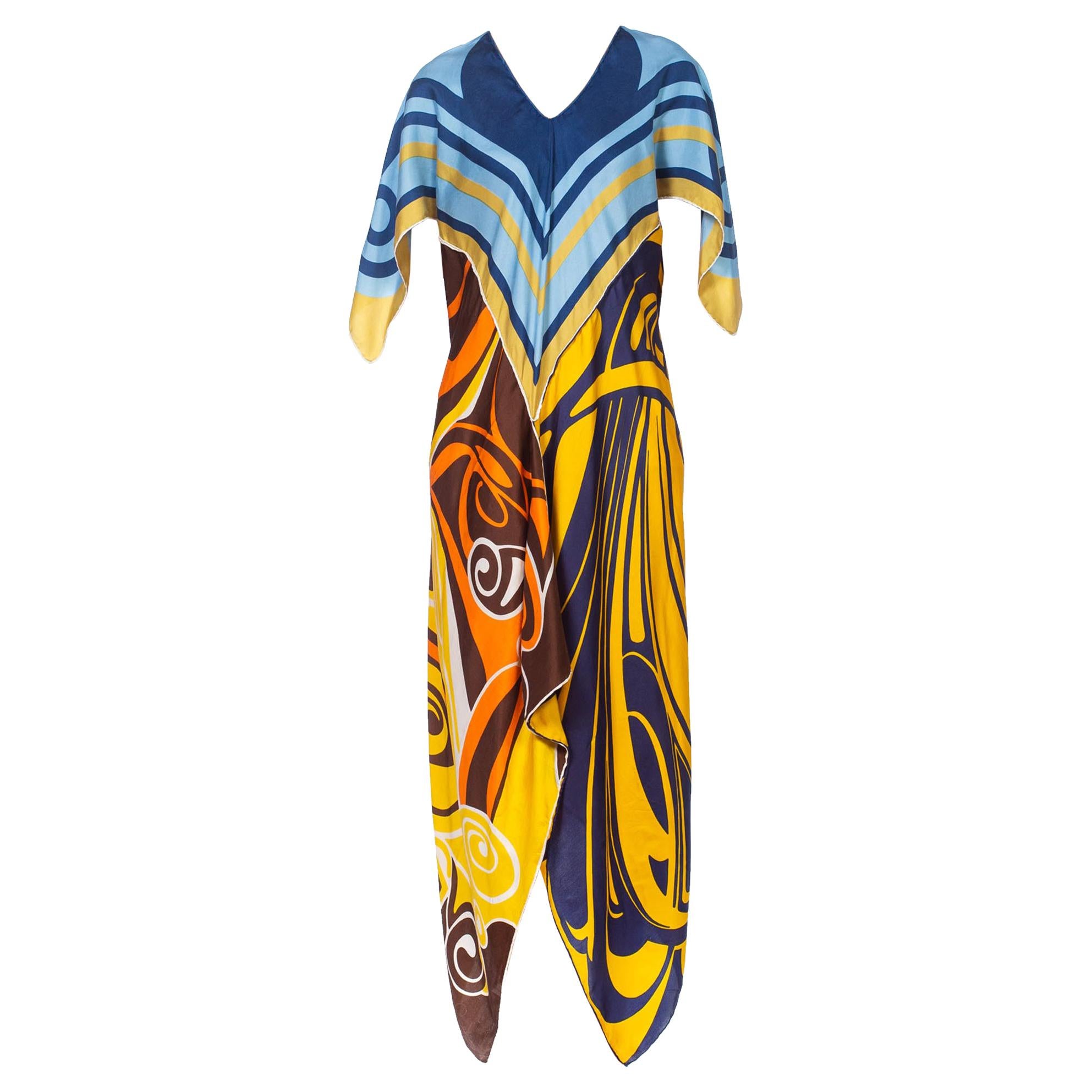 Morphew Collection Bias Cut Vintage Silk Scarf Dress In Blue & Gold