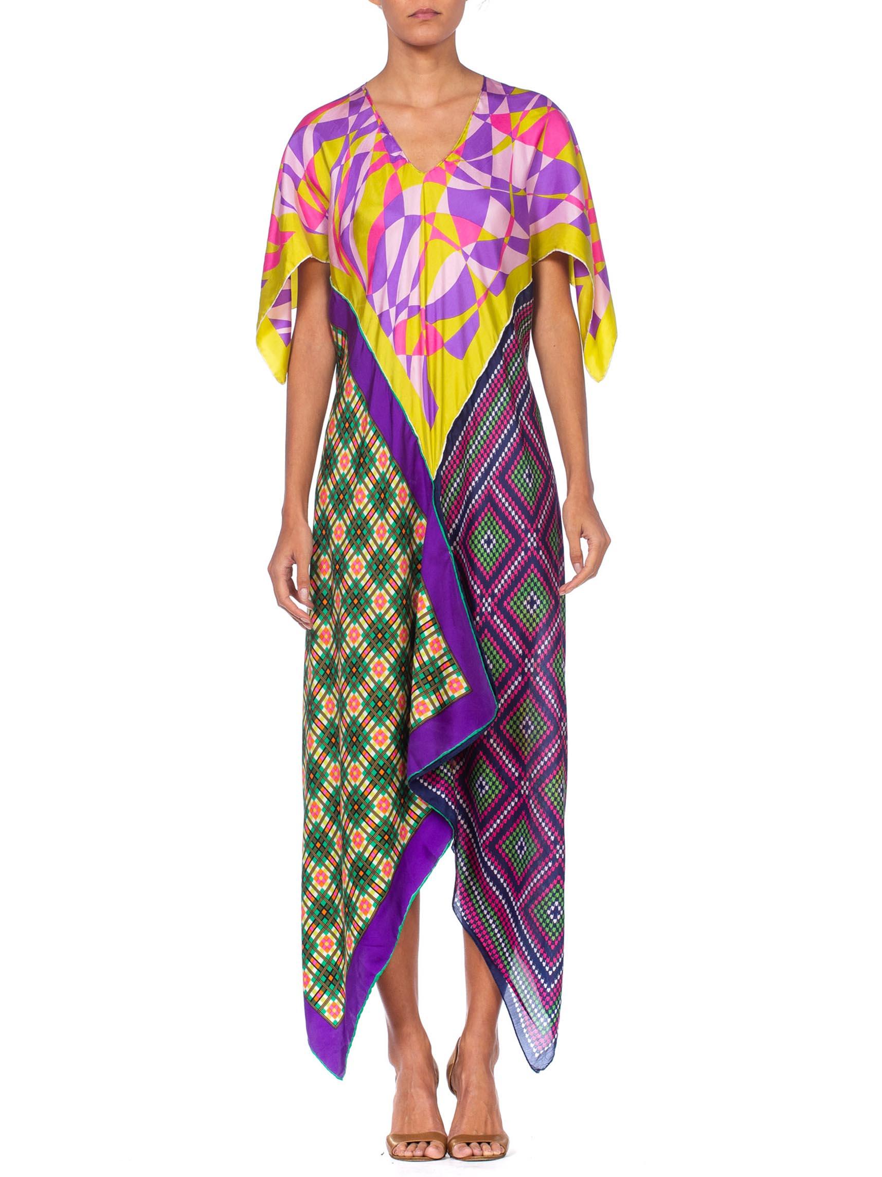 MORPHEW COLLECTION Multicolor Geometric Bias Cut Kaftan  Dress Made From 1960'S Silk Scarves
MORPHEW COLLECTION is made entirely by hand in our NYC Ateliér of rare antique materials sourced from around the globe. Our sustainable vintage materials