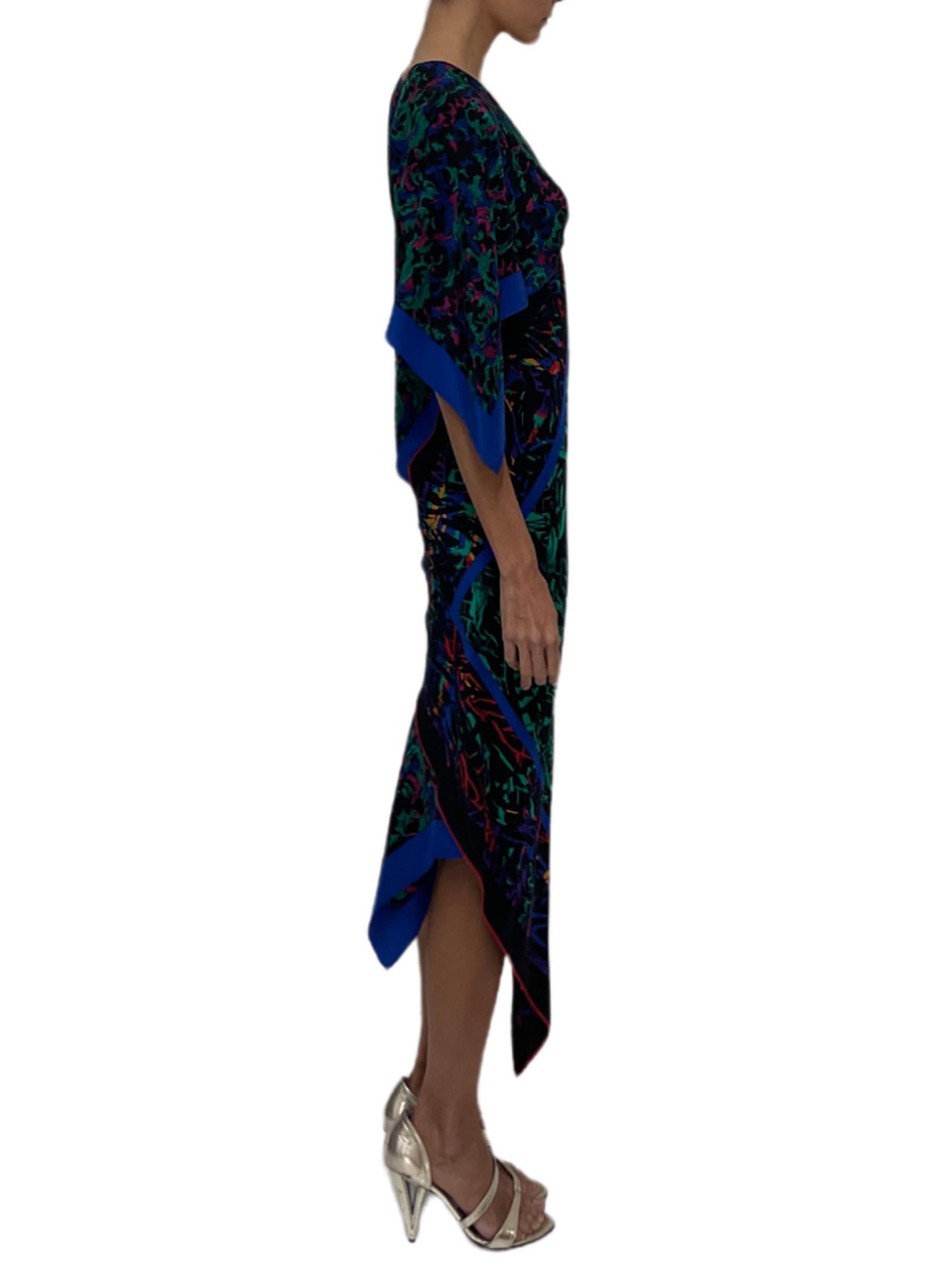 MORPHEW COLLECTION Black, Blue & Green Silk 2-Scarf Dress Made From Jean-Louis  In Excellent Condition For Sale In New York, NY