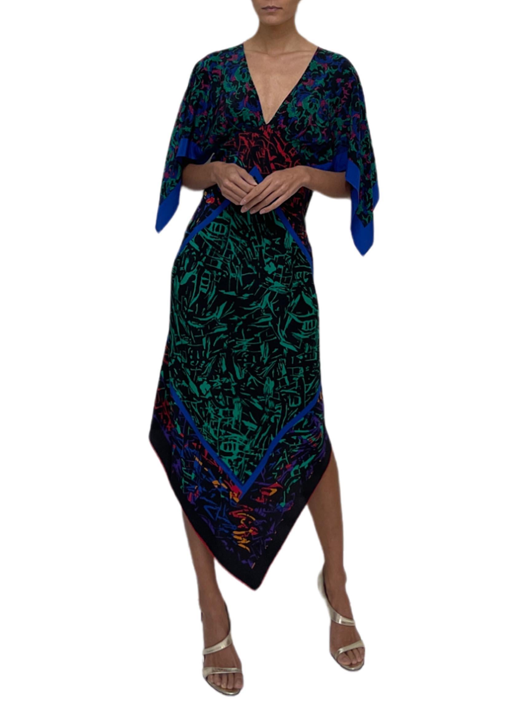 Women's MORPHEW COLLECTION Black, Blue & Green Silk 2-Scarf Dress Made From Jean-Louis  For Sale