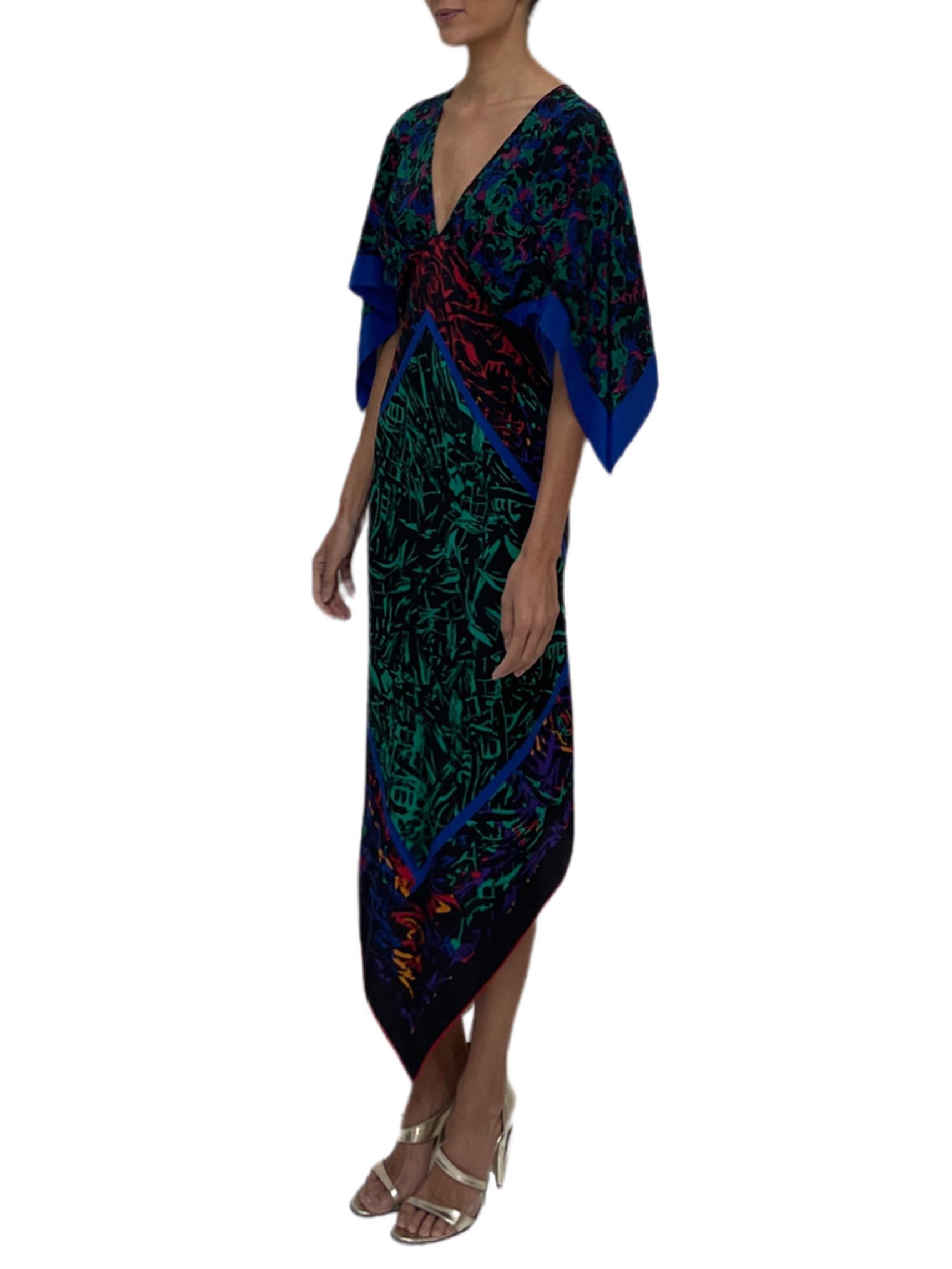 MORPHEW COLLECTION Black, Blue & Green Silk 2-Scarf Dress Made From Jean-Louis  For Sale 1