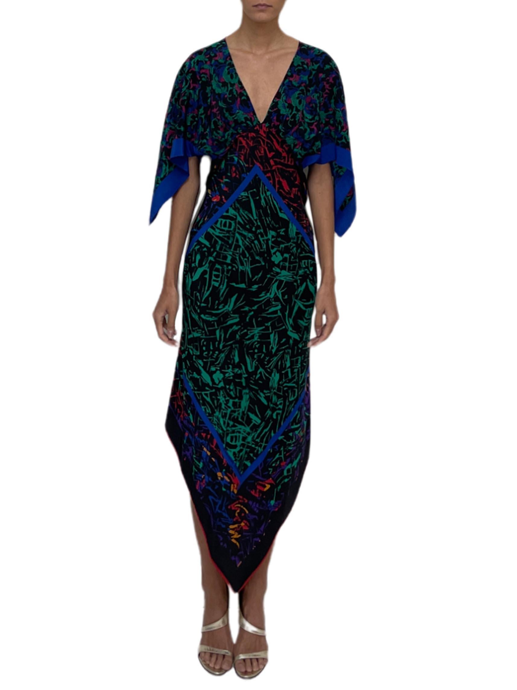 MORPHEW COLLECTION Black, Blue & Green Silk 2-Scarf Dress Made From Jean-Louis  For Sale 2