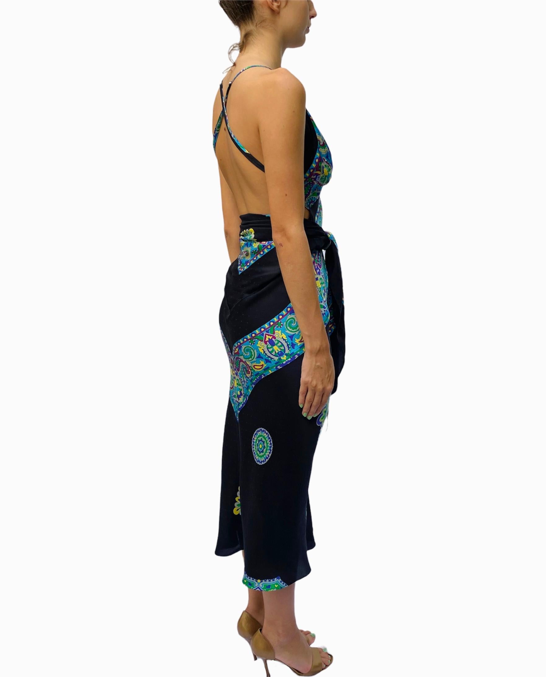 Morphew Collection Black & Blue Multicolored Silk Twill Print Scarf Dress Made  For Sale 1