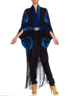 MORPHEW ATELIER Black & Blue Silk Embroidered Piano Shawl Cocoon with Fringe