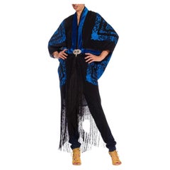 MORPHEW ATELIER Black & Blue Silk Embroidered Piano Shawl Cocoon with Fringe