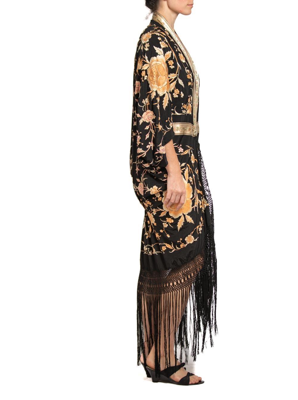 MORPHEW COLLECTION Black & Champagne Silk Floral Hand Embroidered Piano Shawl   In Excellent Condition For Sale In New York, NY