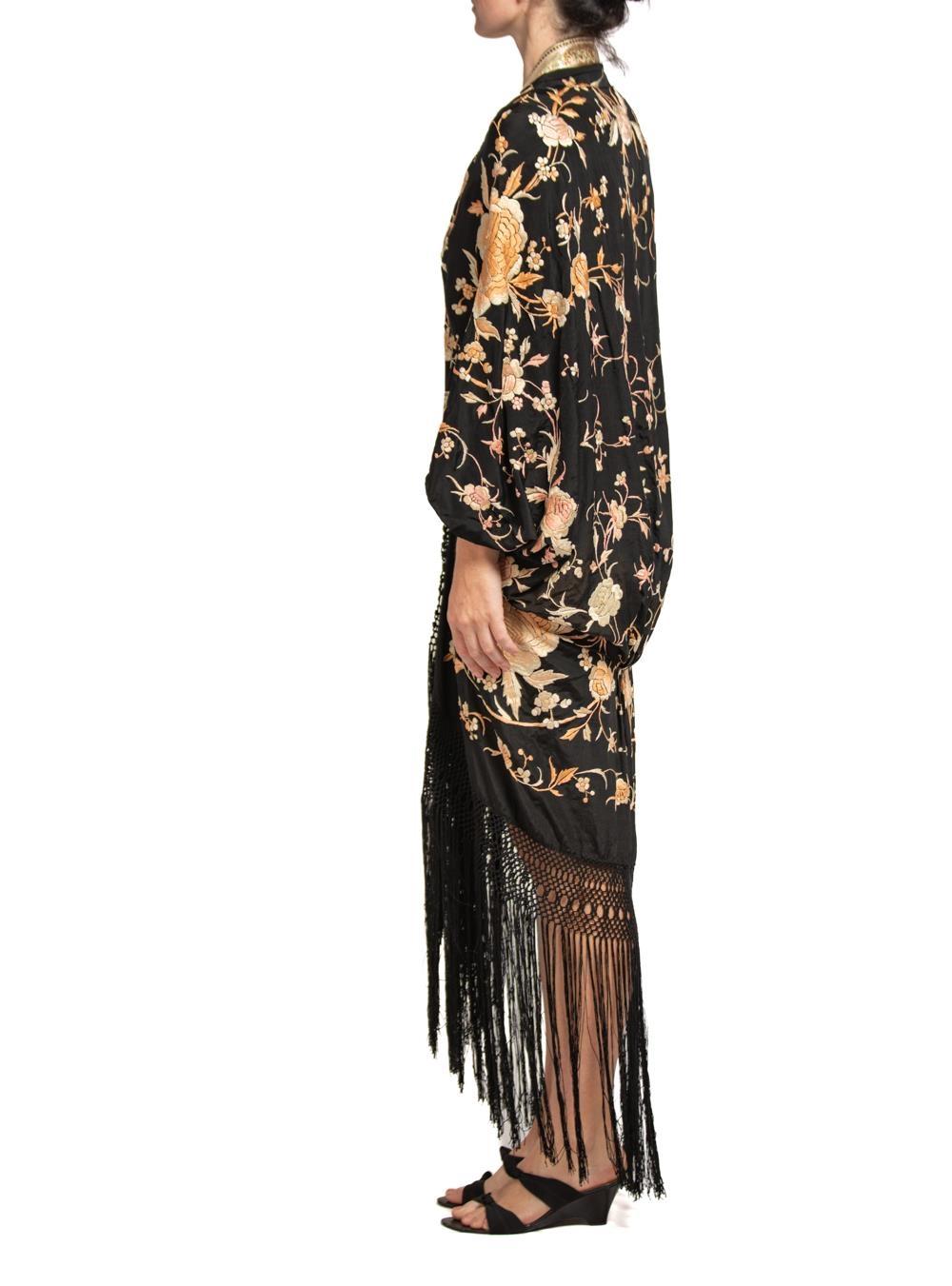 Women's MORPHEW COLLECTION Black & Champagne Silk Floral Hand Embroidered Piano Shawl   For Sale