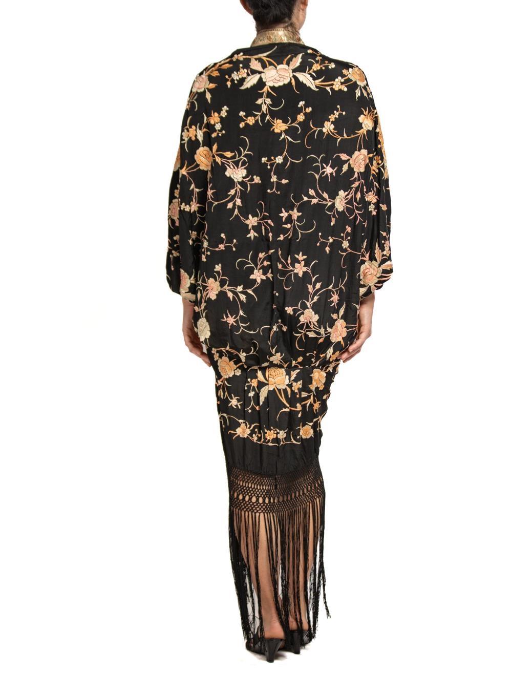 MORPHEW COLLECTION Black & Champagne Silk Floral Hand Embroidered Piano Shawl   For Sale 1