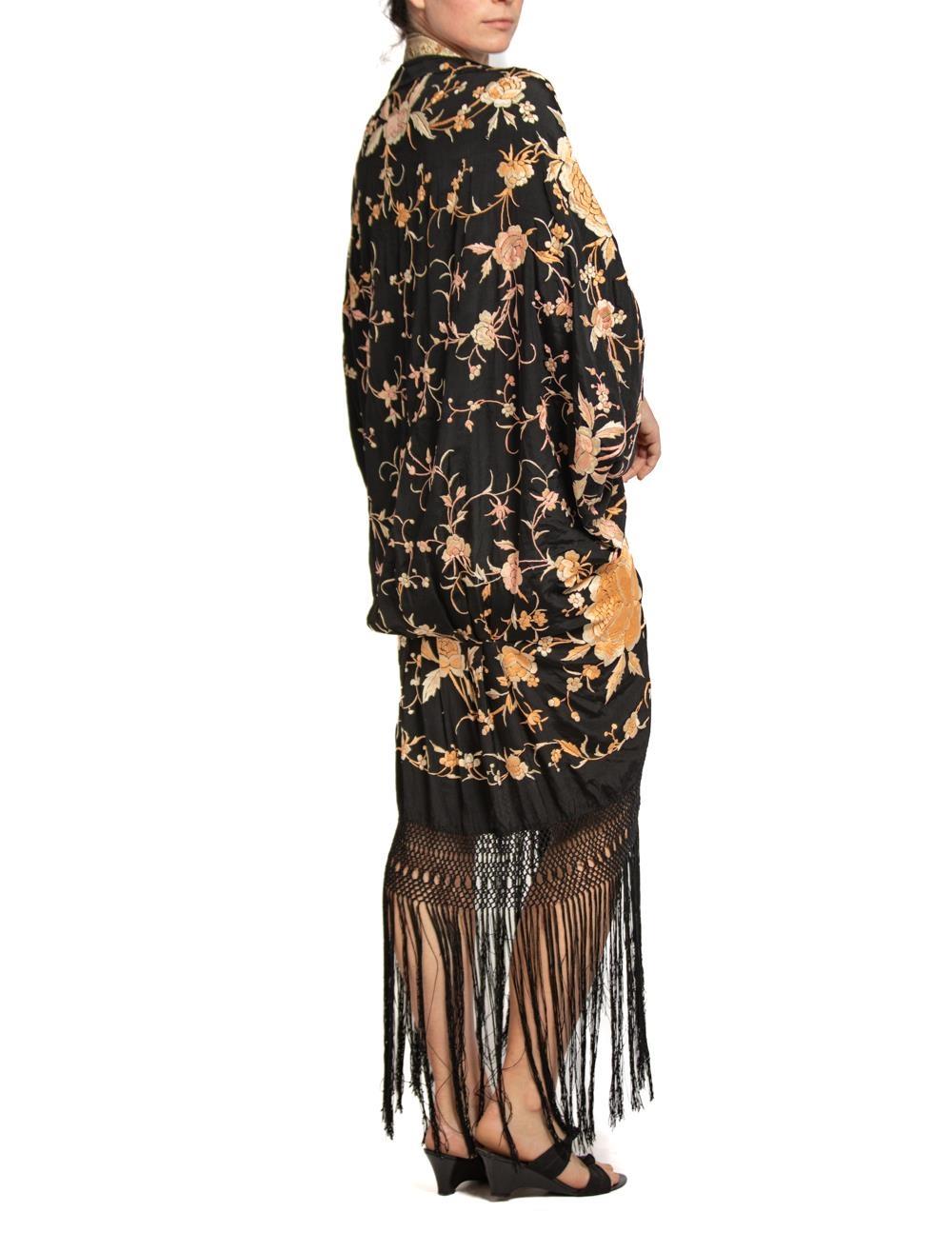 MORPHEW COLLECTION Black & Champagne Silk Floral Hand Embroidered Piano Shawl   For Sale 4