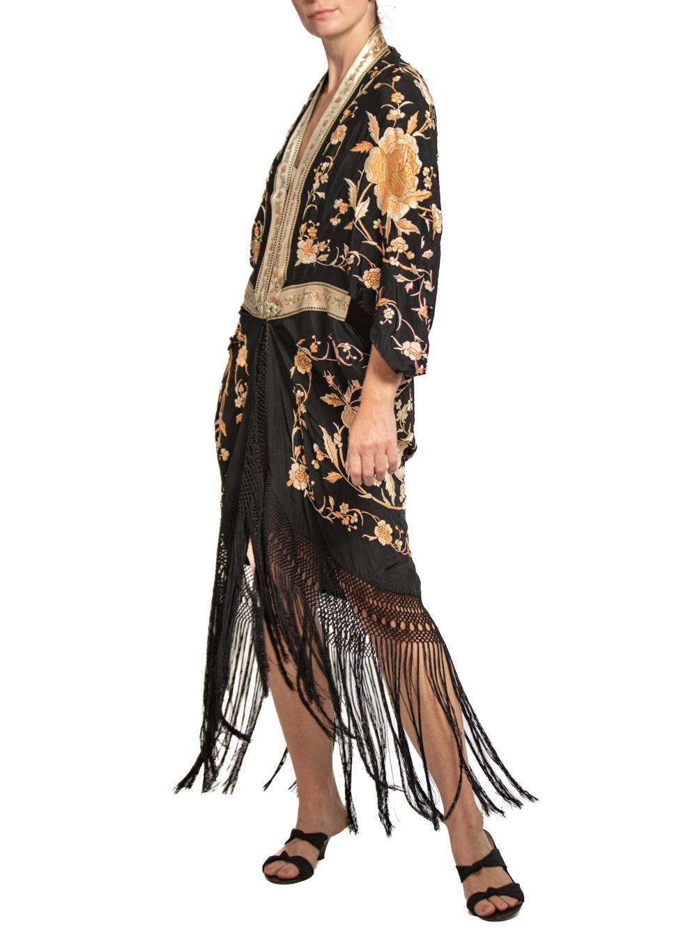 MORPHEW COLLECTION Black & Champagne Silk Floral Hand Embroidered Piano Shawl   For Sale 5