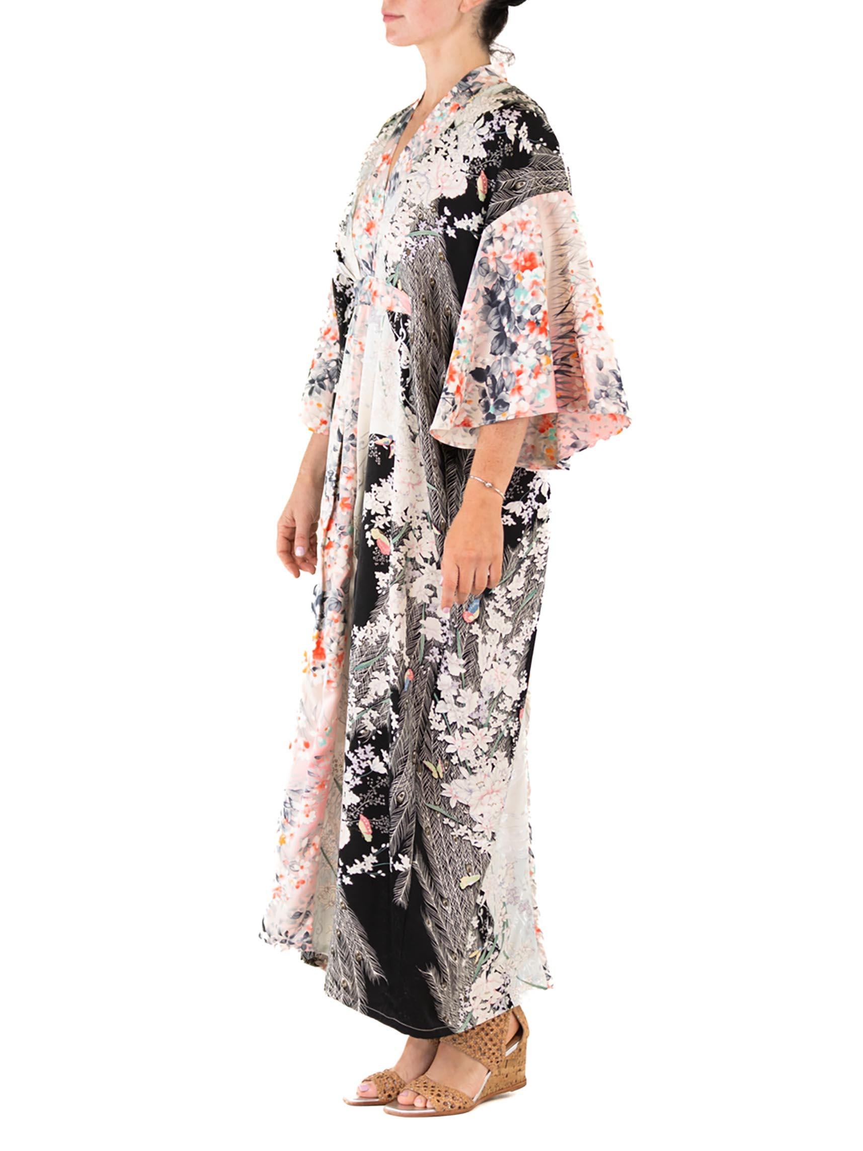 MORPHEW COLLECTION Black Floral Print Japanese Kimono Silk Kaftan In New Condition For Sale In New York, NY
