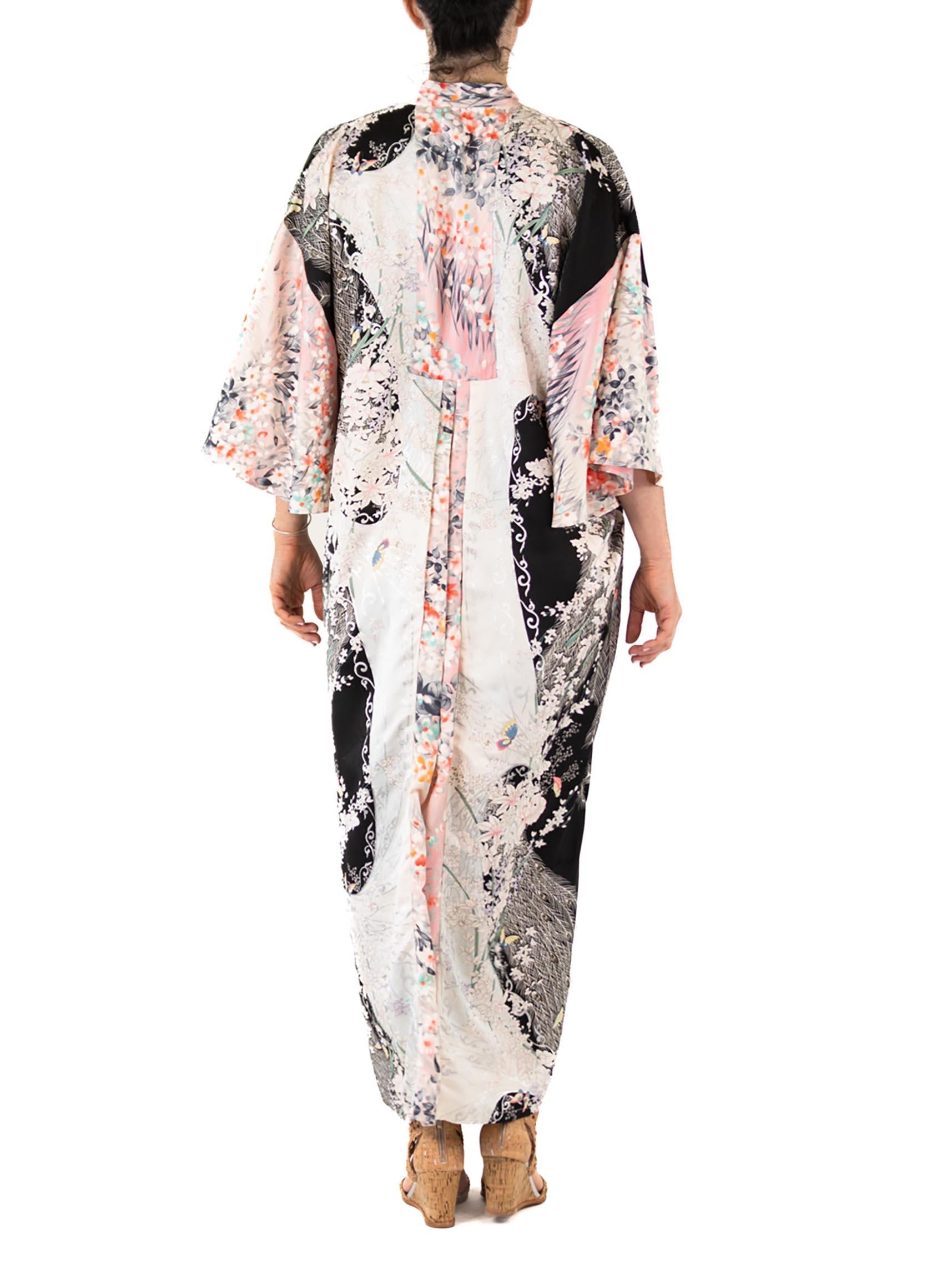 MORPHEW COLLECTION Black Floral Print Japanese Kimono Silk Kaftan For Sale 1