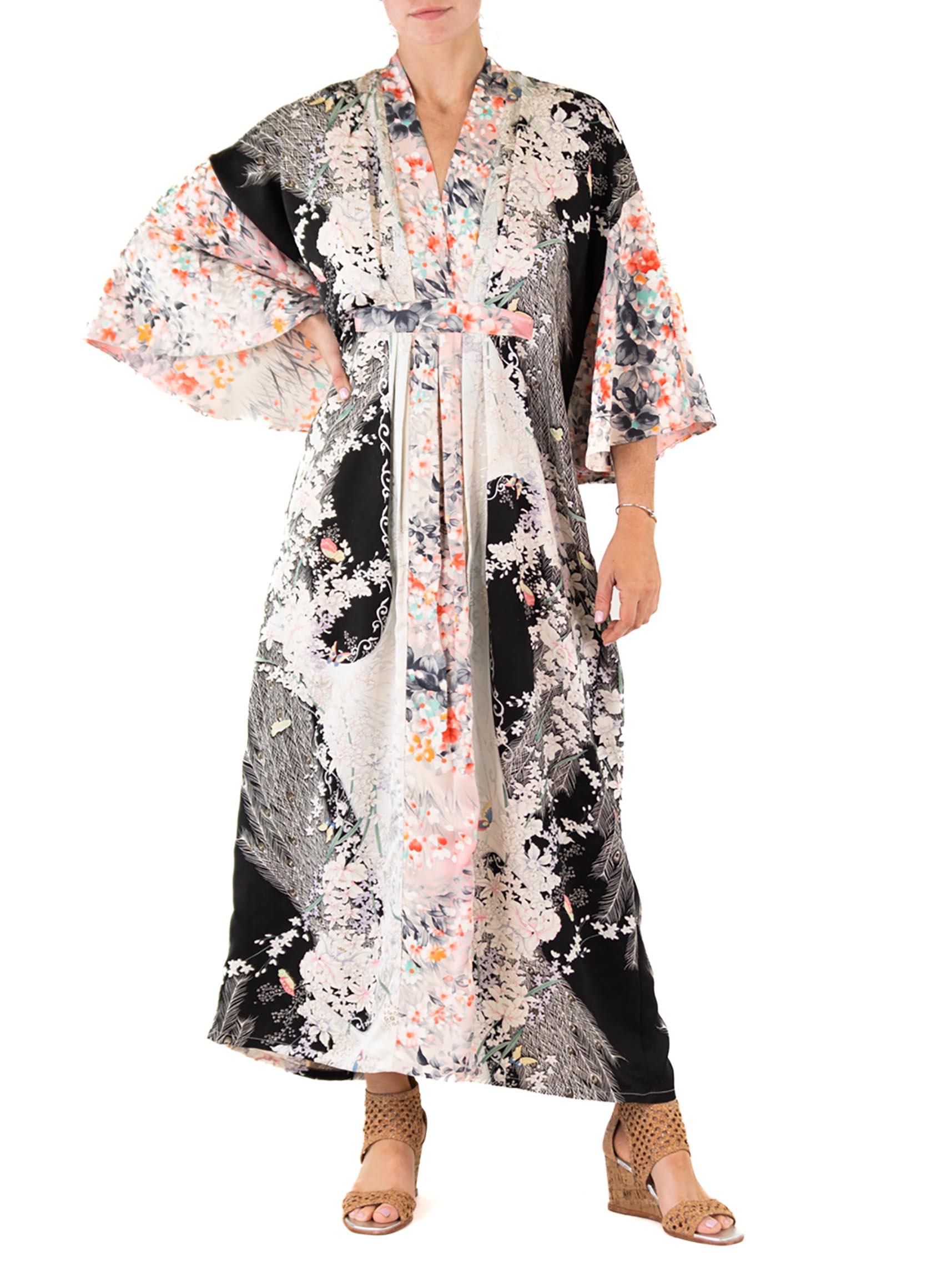 MORPHEW COLLECTION Black Floral Print Japanese Kimono Silk Kaftan For Sale 2