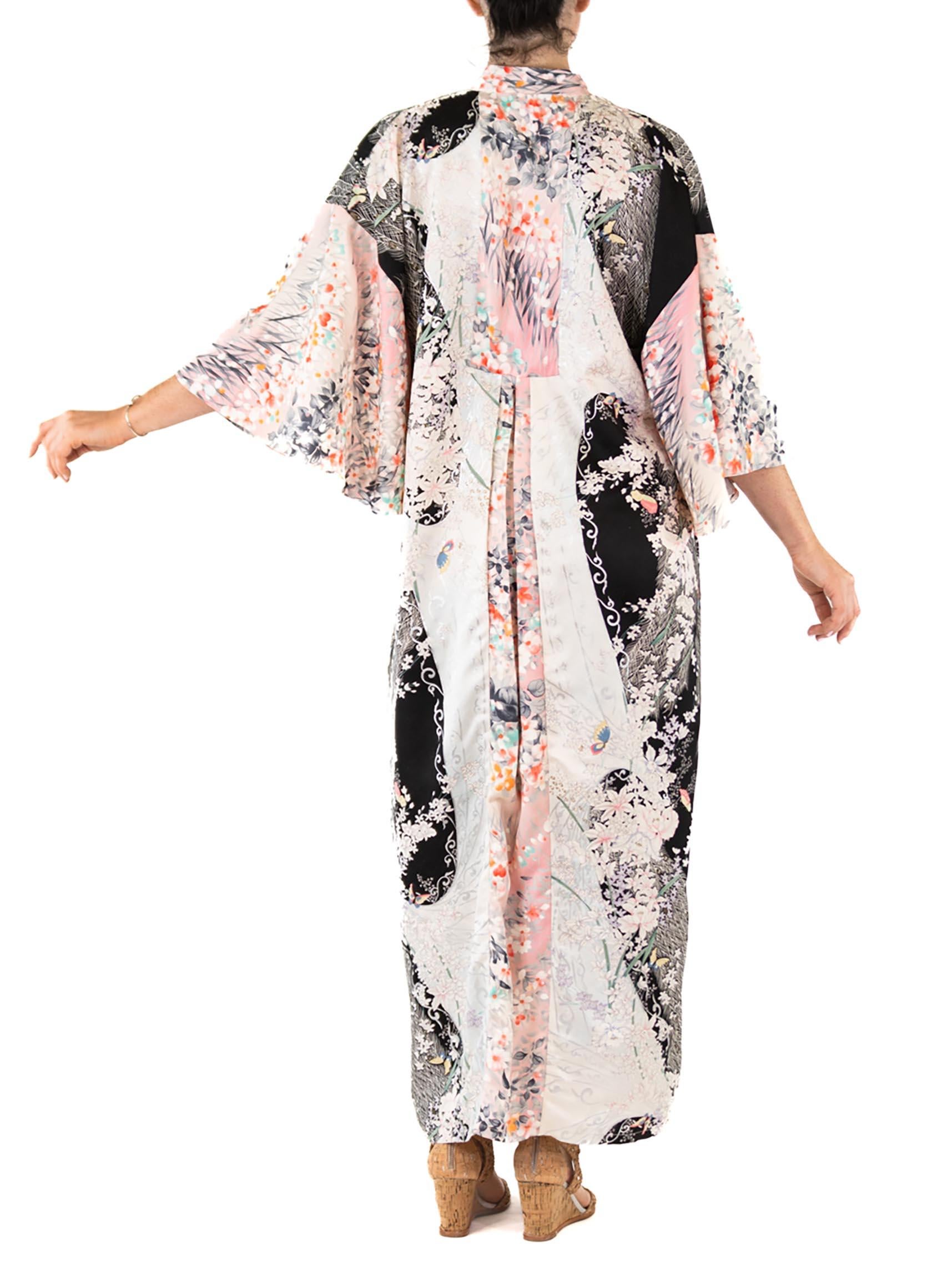 MORPHEW COLLECTION Black Floral Print Japanese Kimono Silk Kaftan For Sale 3