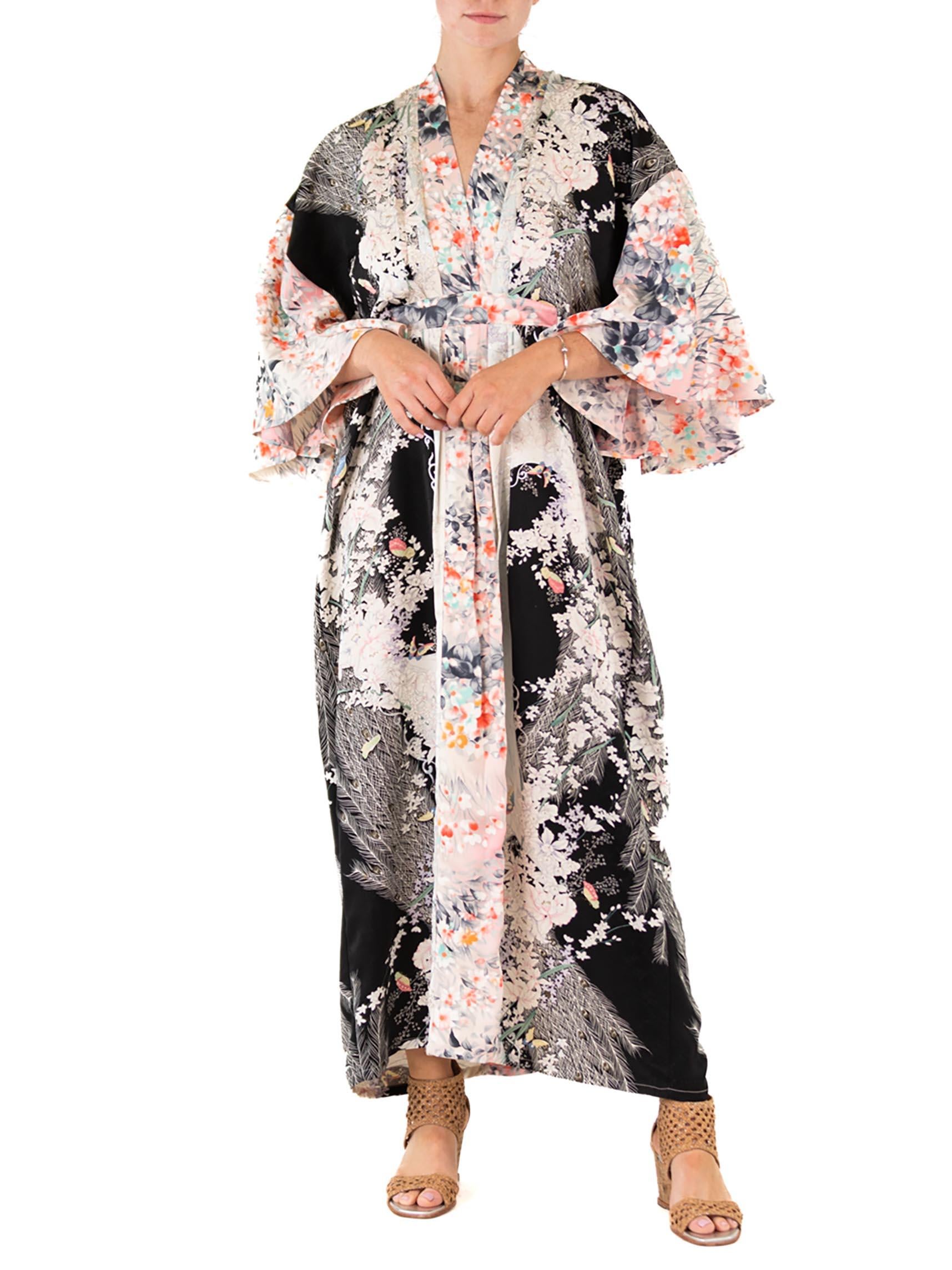 MORPHEW COLLECTION Black Floral Print Japanese Kimono Silk Kaftan For Sale 4