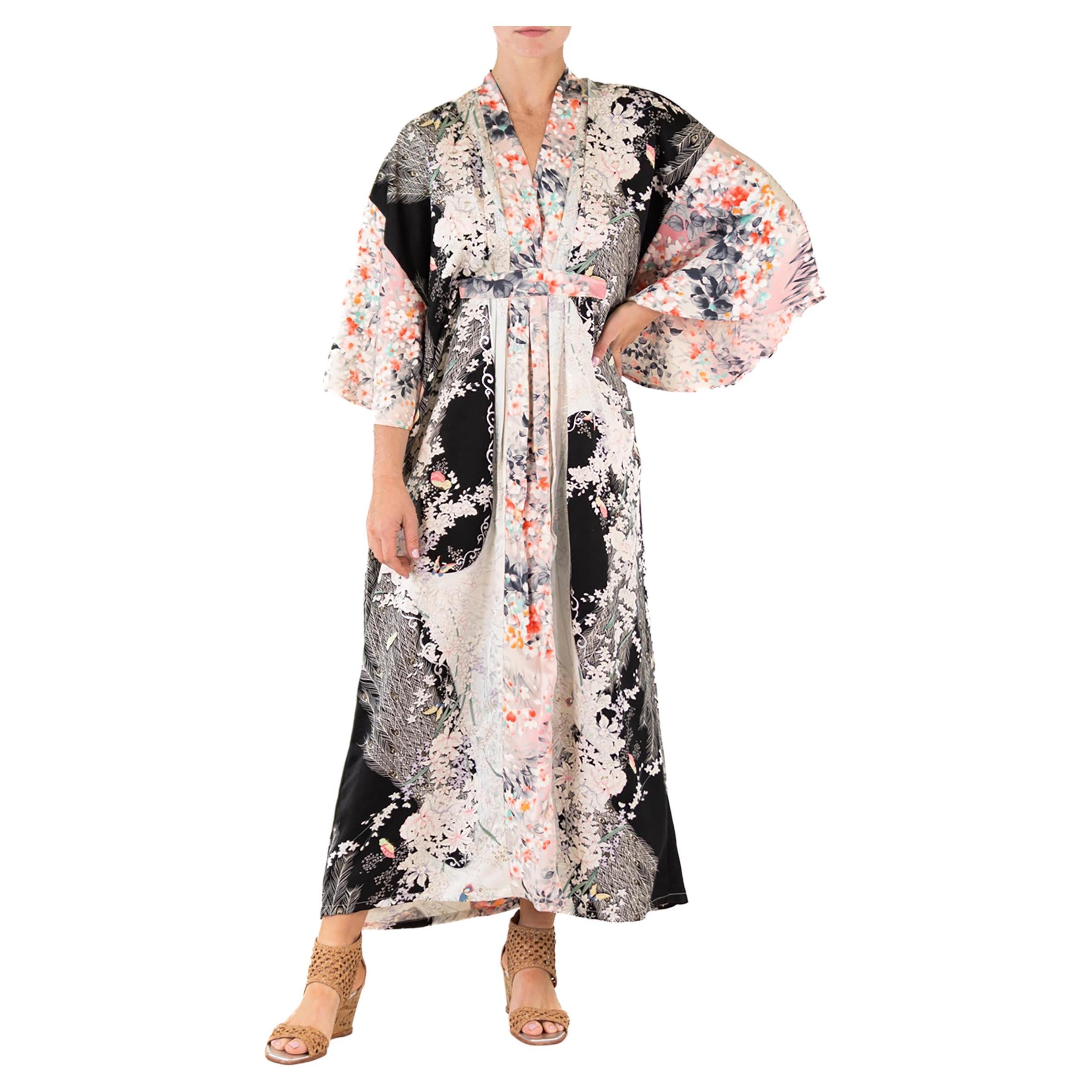 MORPHEW COLLECTION Black Floral Print Japanese Kimono Silk Kaftan For Sale