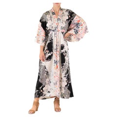 MORPHEW COLLECTION Black Floral Print Japanese Kimono Silk Kaftan