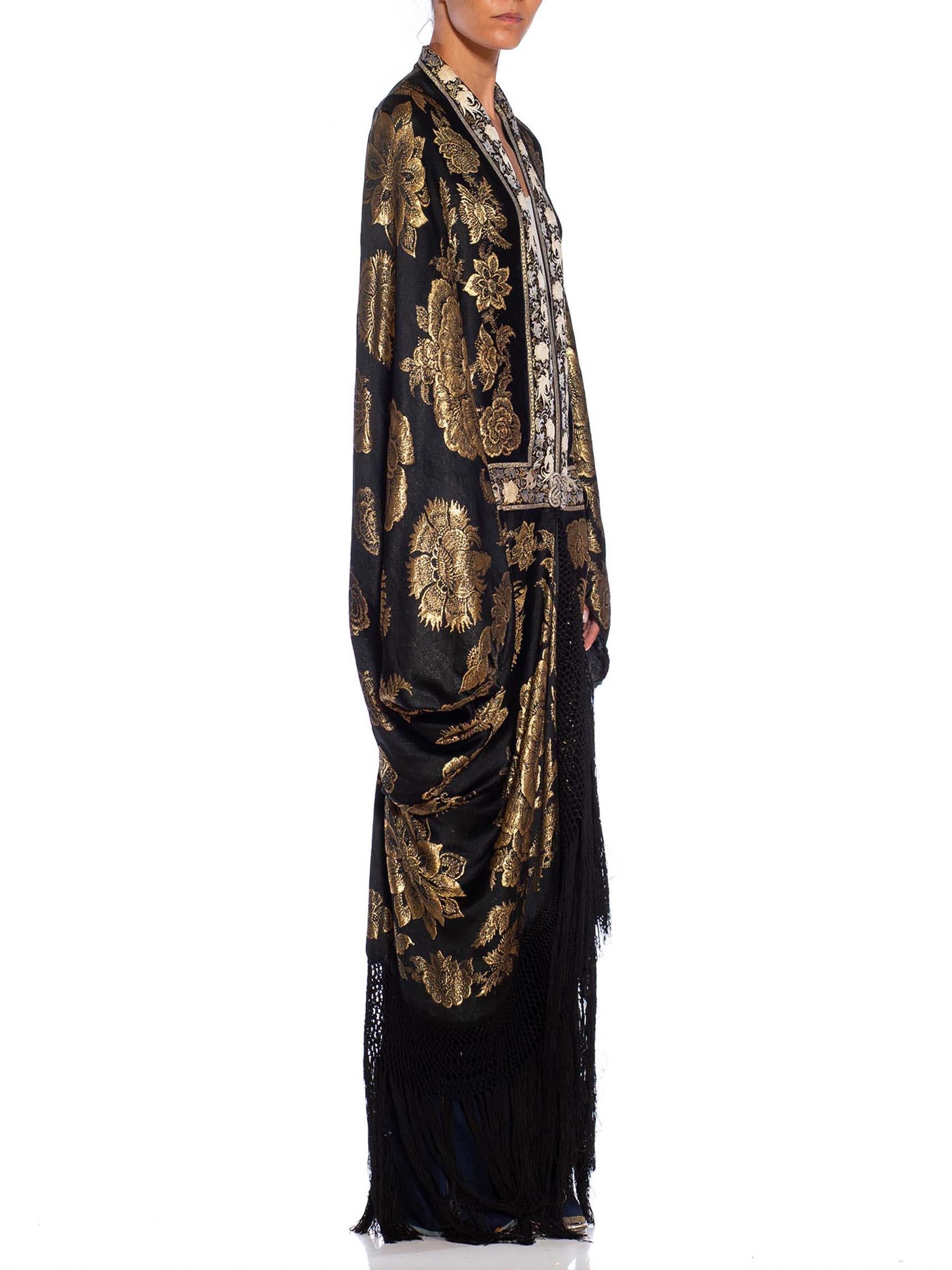 MORPHEW COLLECTION Black, Gold & Cream Metallic Silk Lamé Cocoon With Fringe An In Excellent Condition For Sale In New York, NY