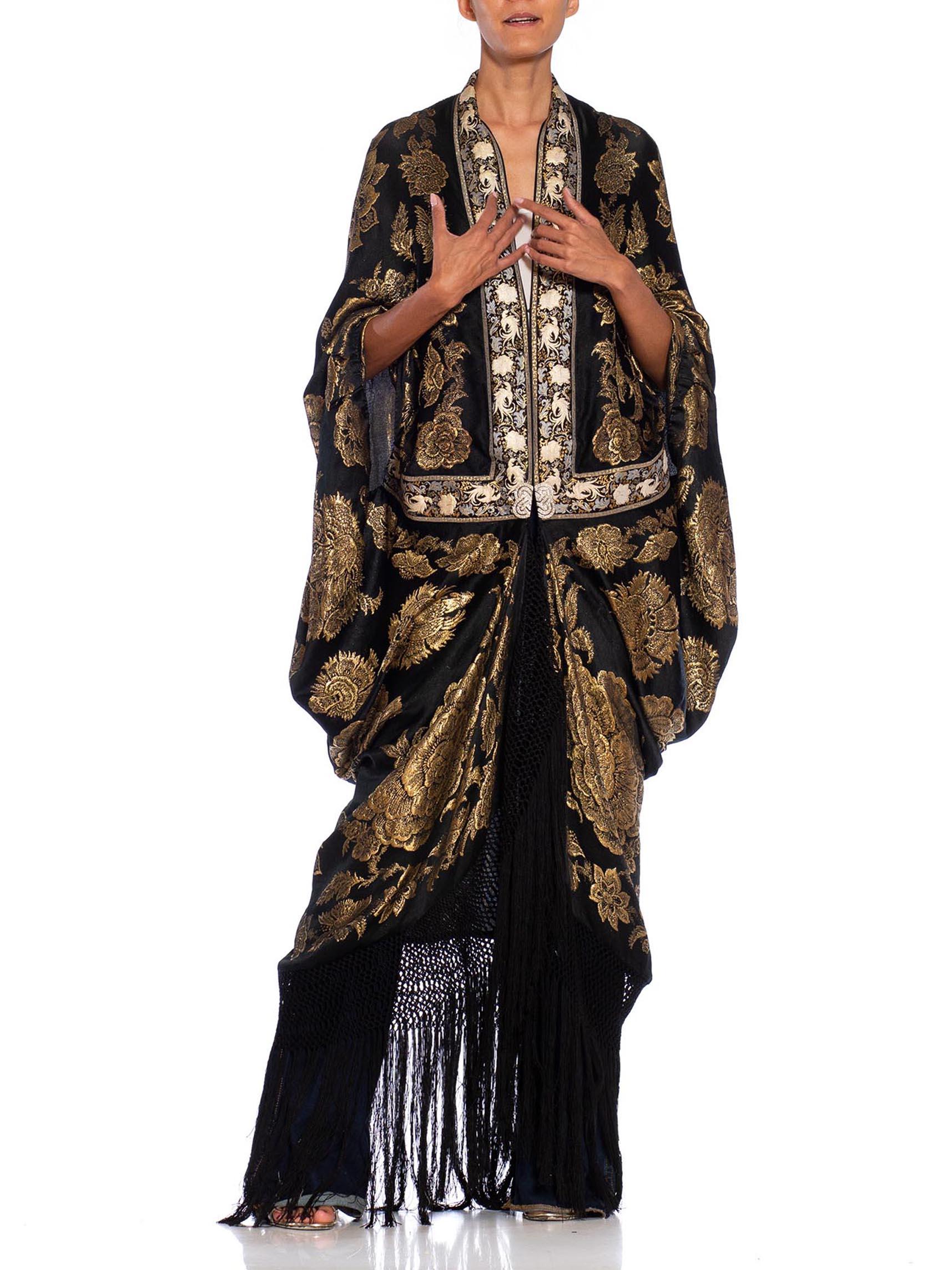 Women's MORPHEW ATELIER Black, Gold & Cream Metallic Silk Lamé Cocoon With Fringe And S For Sale