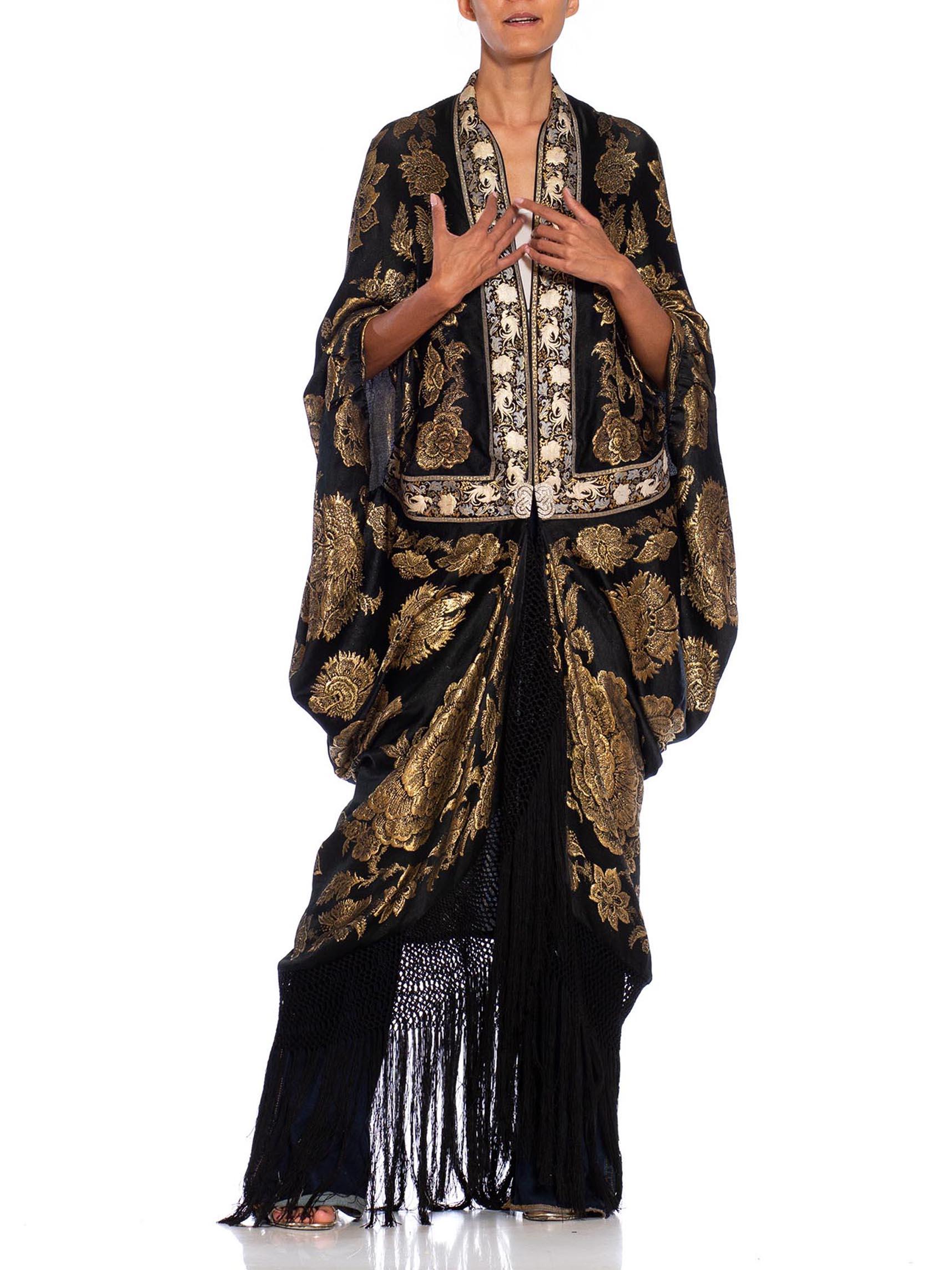 Women's MORPHEW COLLECTION Black, Gold & Cream Metallic Silk Lamé Cocoon With Fringe An For Sale