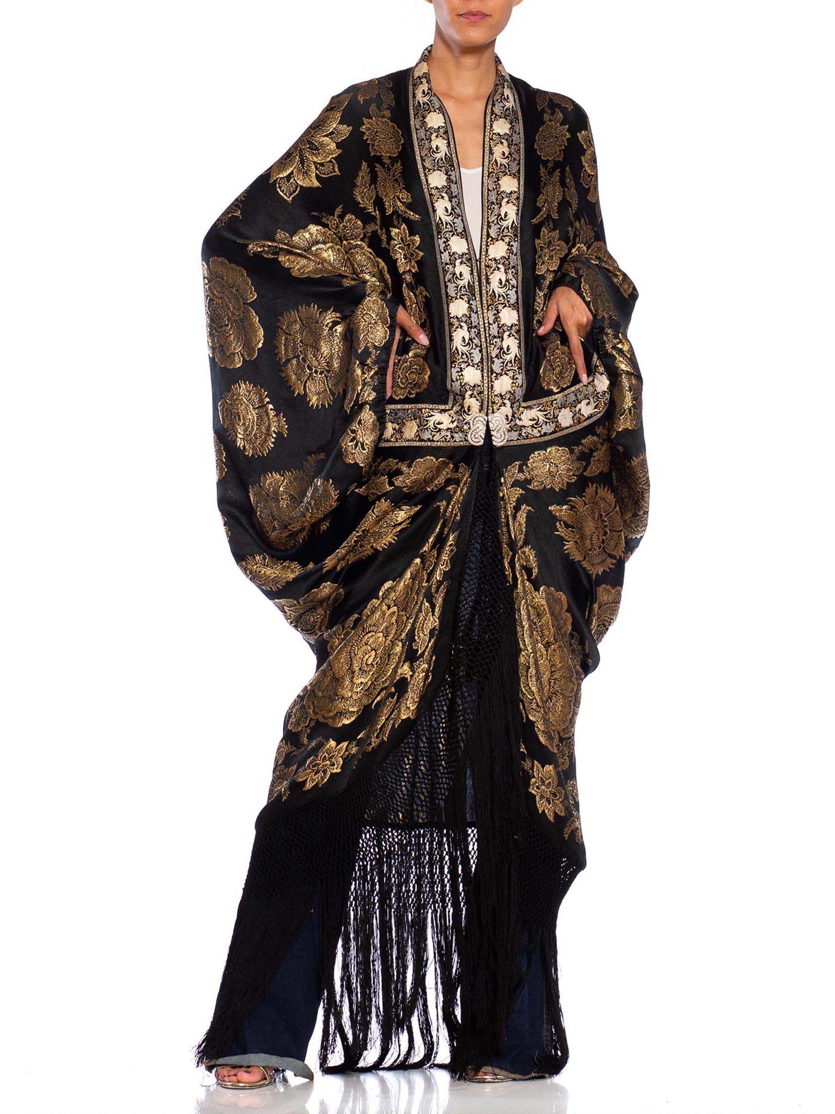 MORPHEW COLLECTION Black, Gold & Cream Metallic Silk Lamé Cocoon With Fringe An For Sale 1