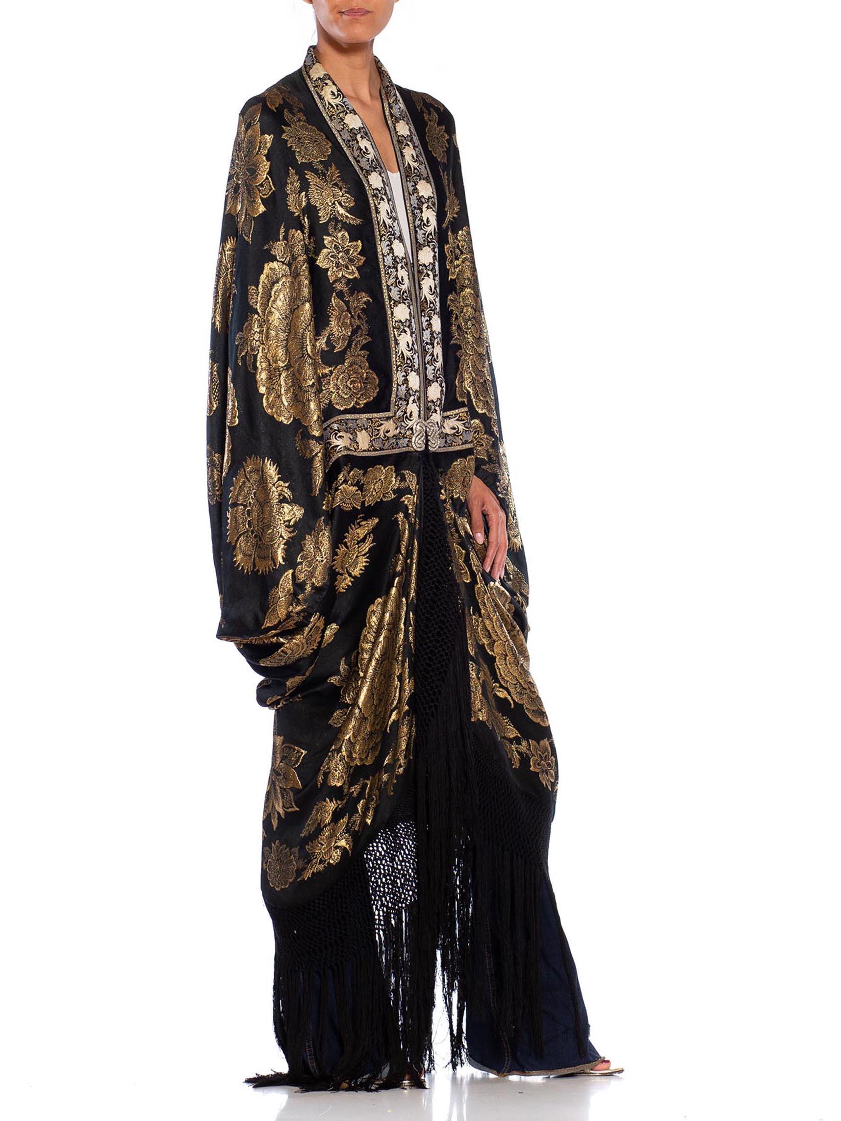 MORPHEW COLLECTION Black, Gold & Cream Metallic Silk Lamé Cocoon With Fringe An For Sale 2