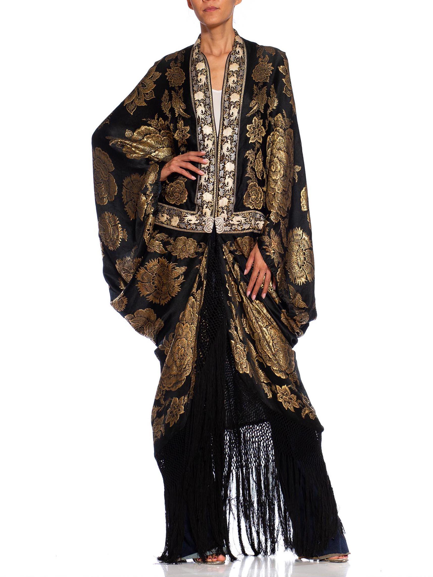MORPHEW COLLECTION Black, Gold & Cream Metallic Silk Lamé Cocoon With Fringe An For Sale 4