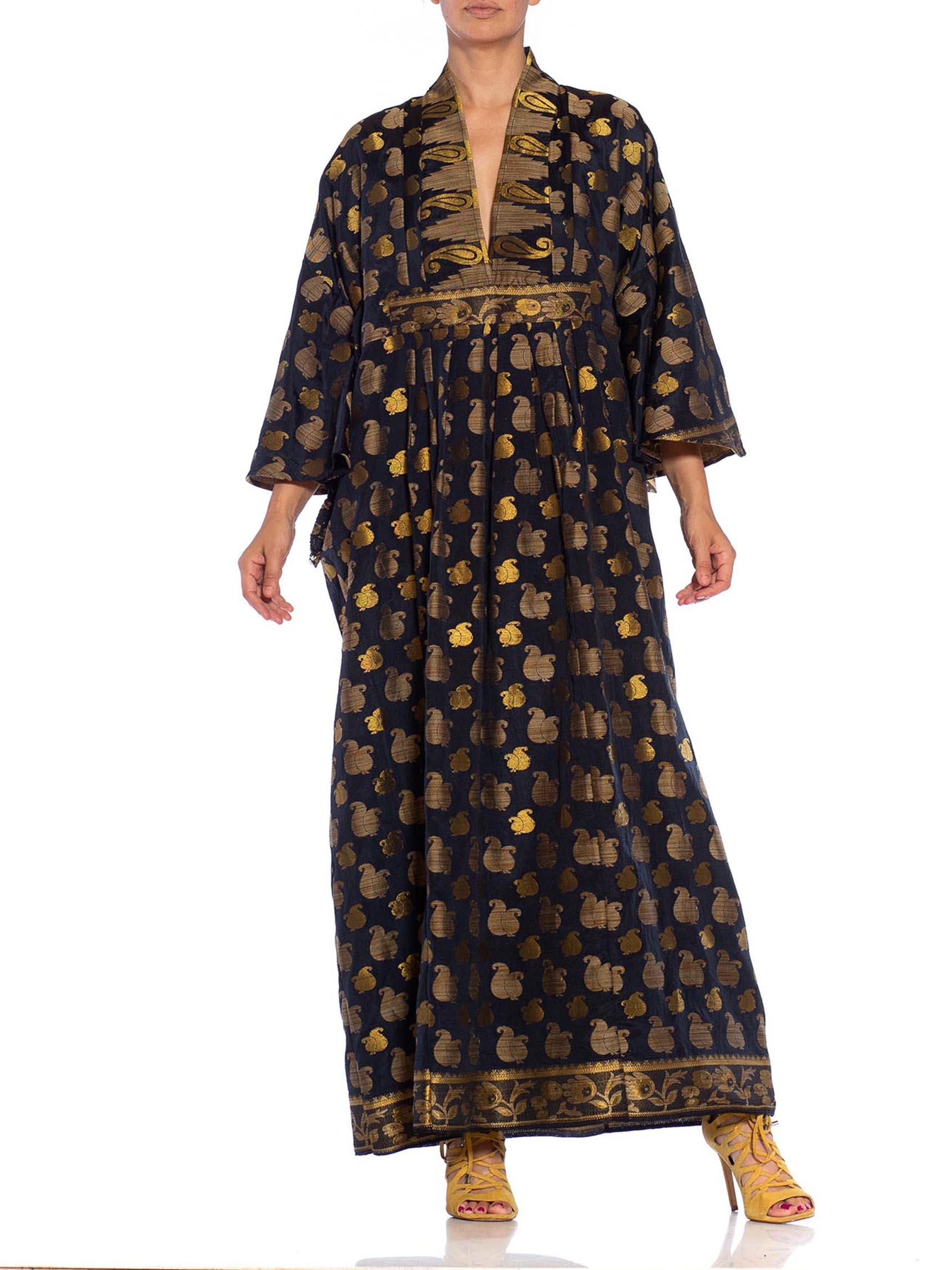 MORPHEW COLLECTION Black & Gold Metallic Silk Kaftan Made From Vintage Saris For Sale 6