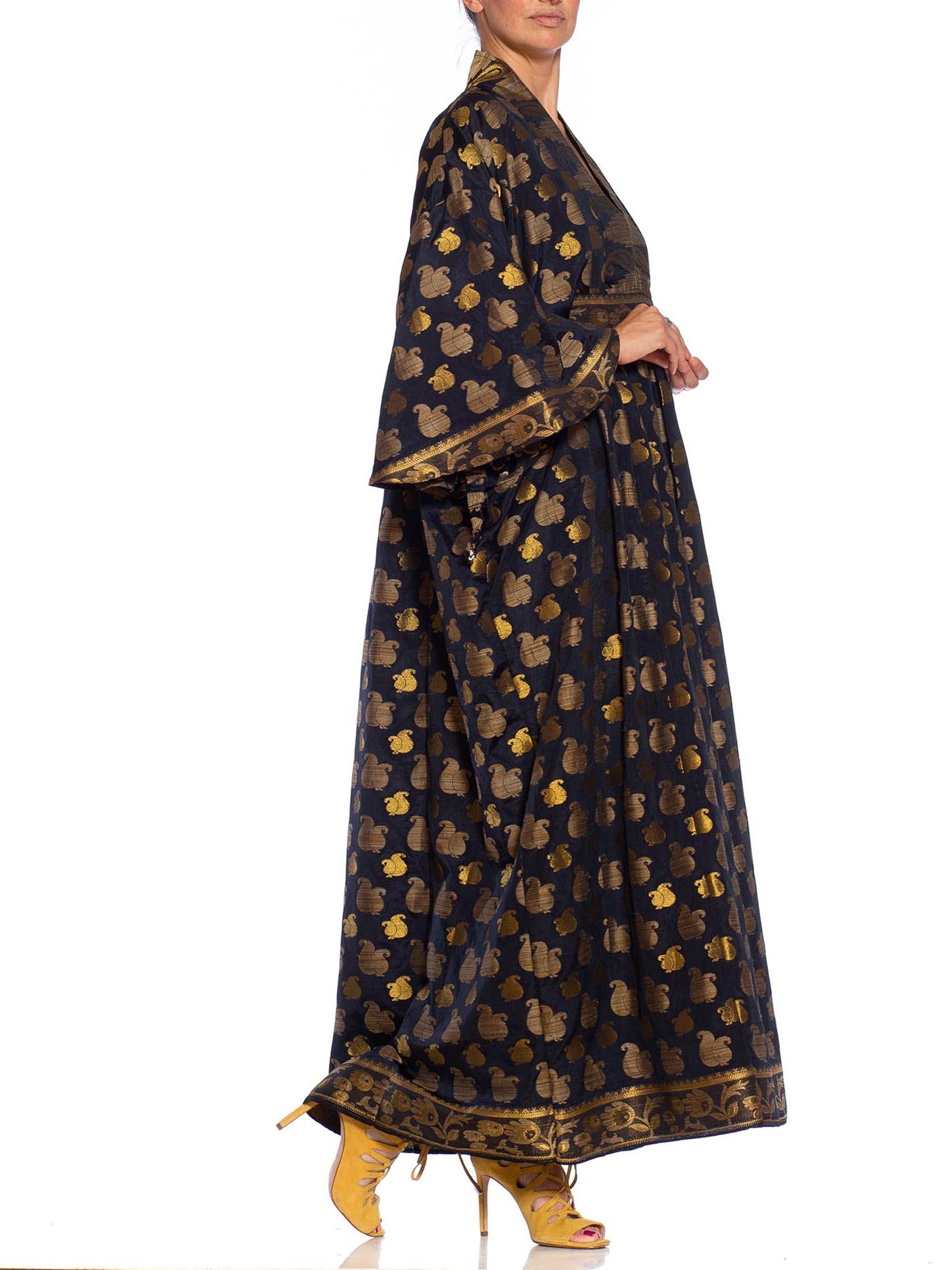 MORPHEW COLLECTION Black & Gold Metallic Silk Kaftan Made From Vintage Saris In Excellent Condition For Sale In New York, NY