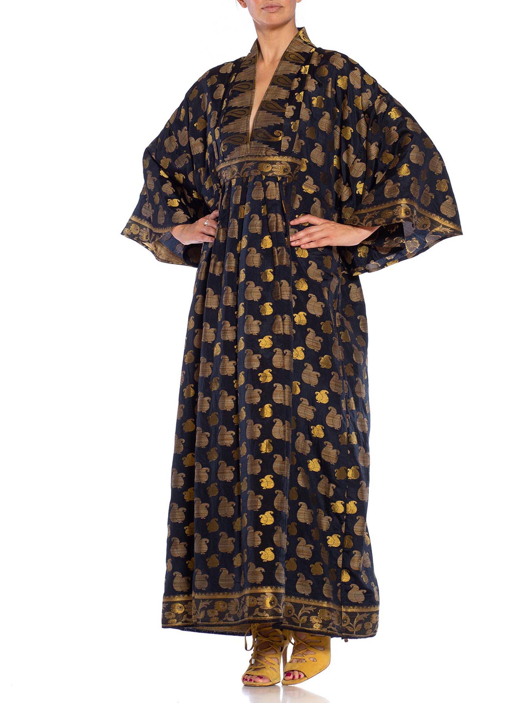 Women's MORPHEW COLLECTION Black & Gold Metallic Silk Kaftan Made From Vintage Saris For Sale