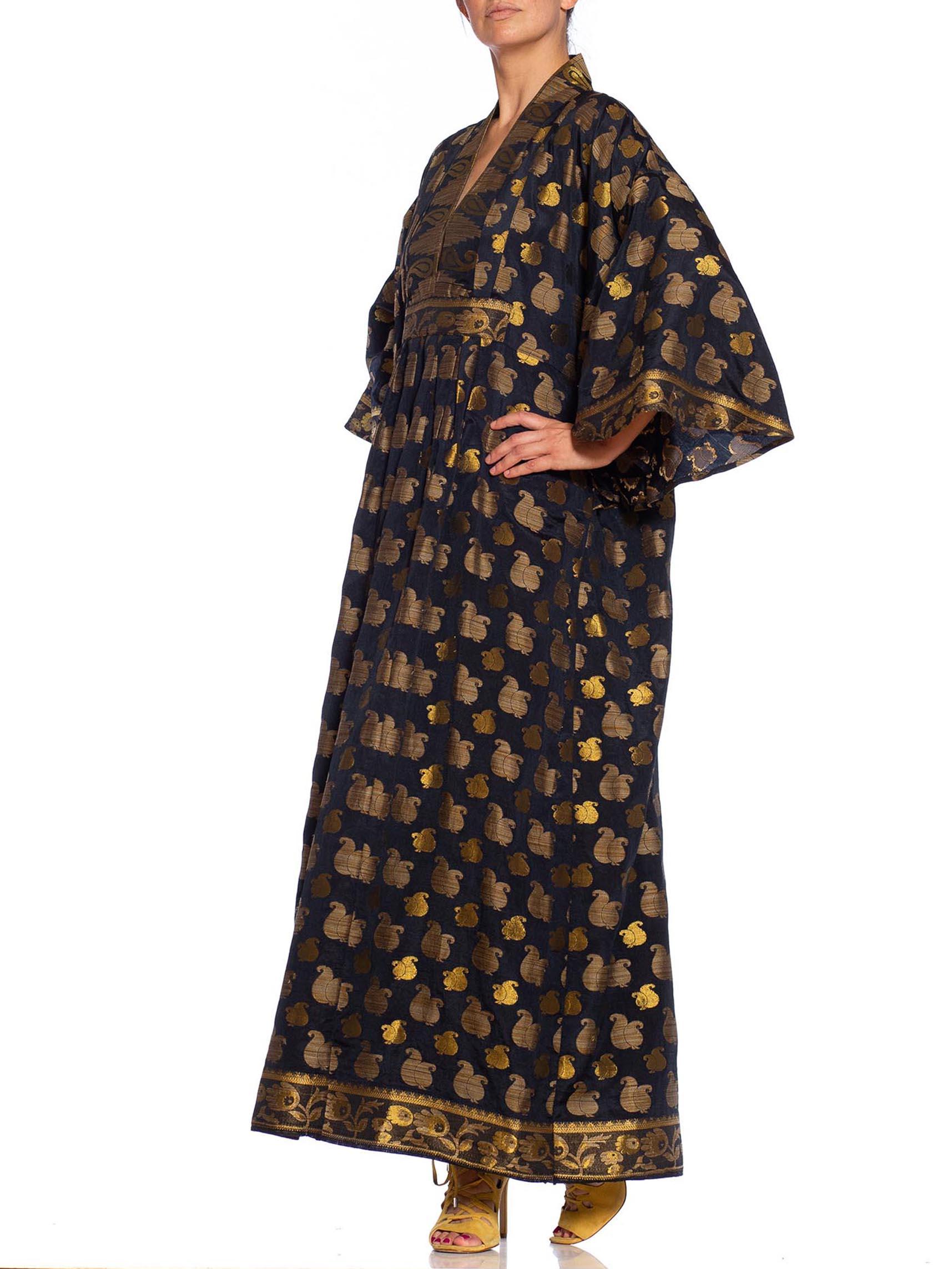 MORPHEW COLLECTION Black & Gold Metallic Silk Kaftan Made From Vintage Saris For Sale 1