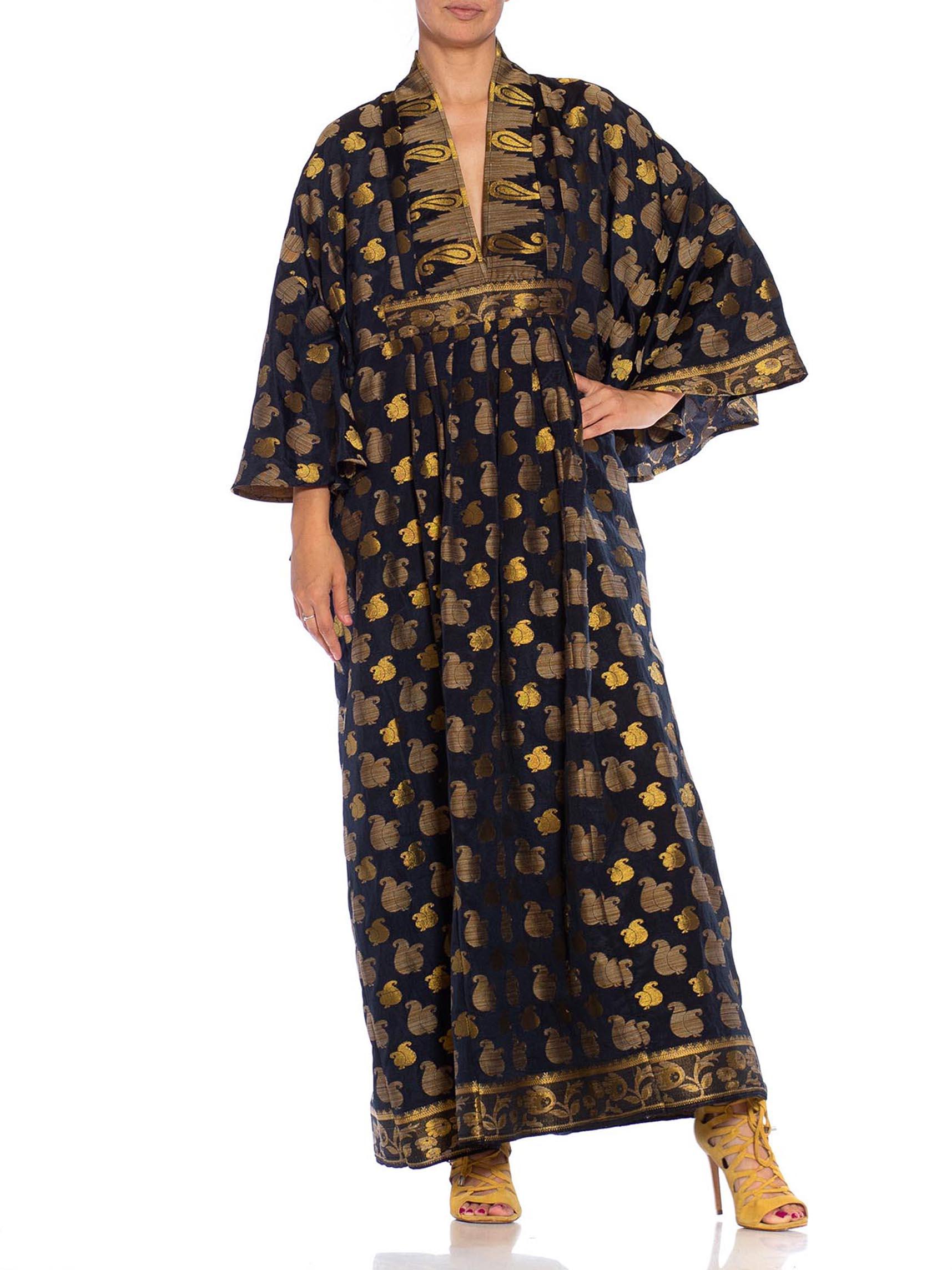 MORPHEW COLLECTION Black & Gold Metallic Silk Kaftan Made From Vintage Saris For Sale 3