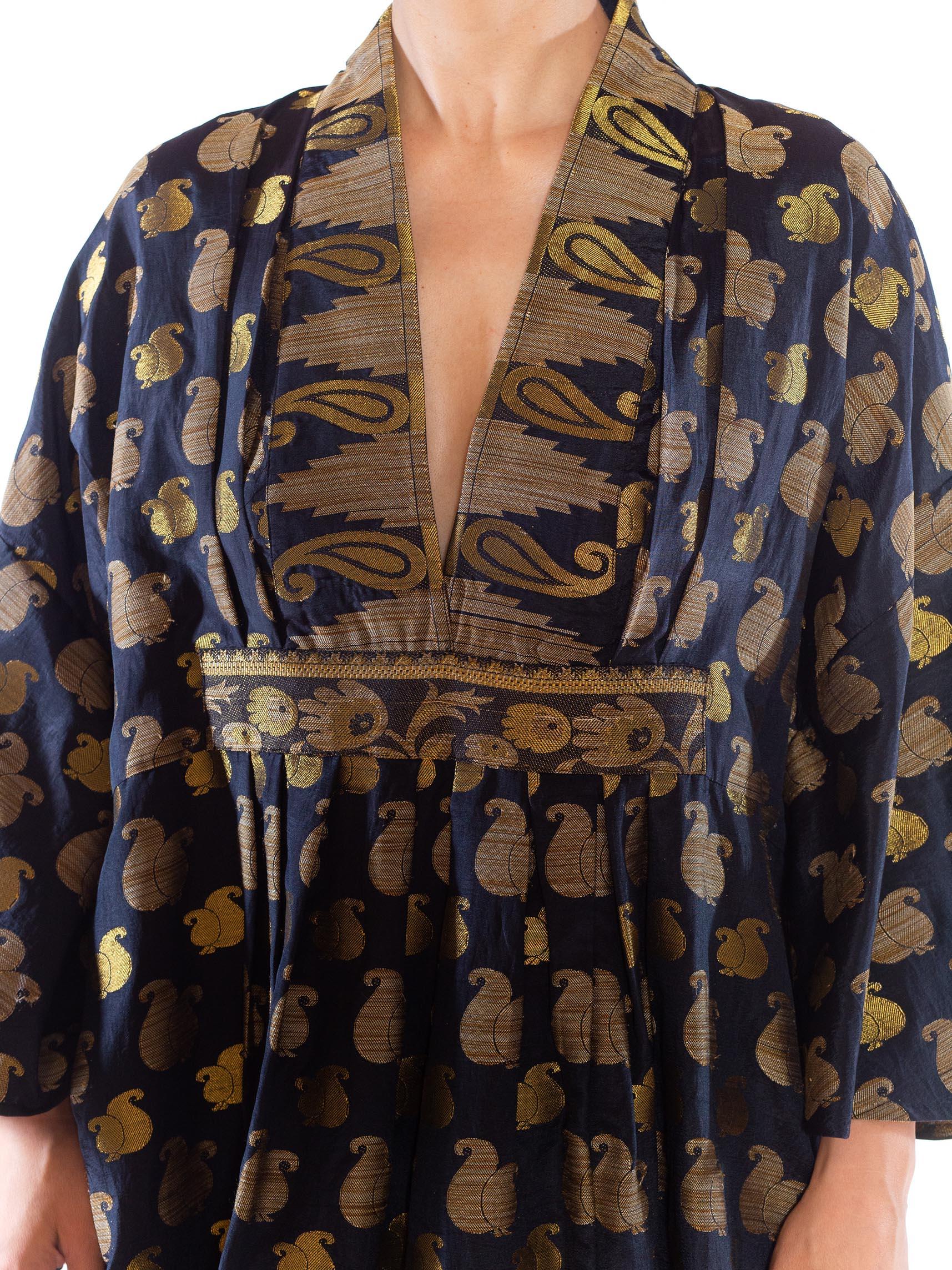MORPHEW COLLECTION Black & Gold Metallic Silk Kaftan Made From Vintage Saris For Sale 5