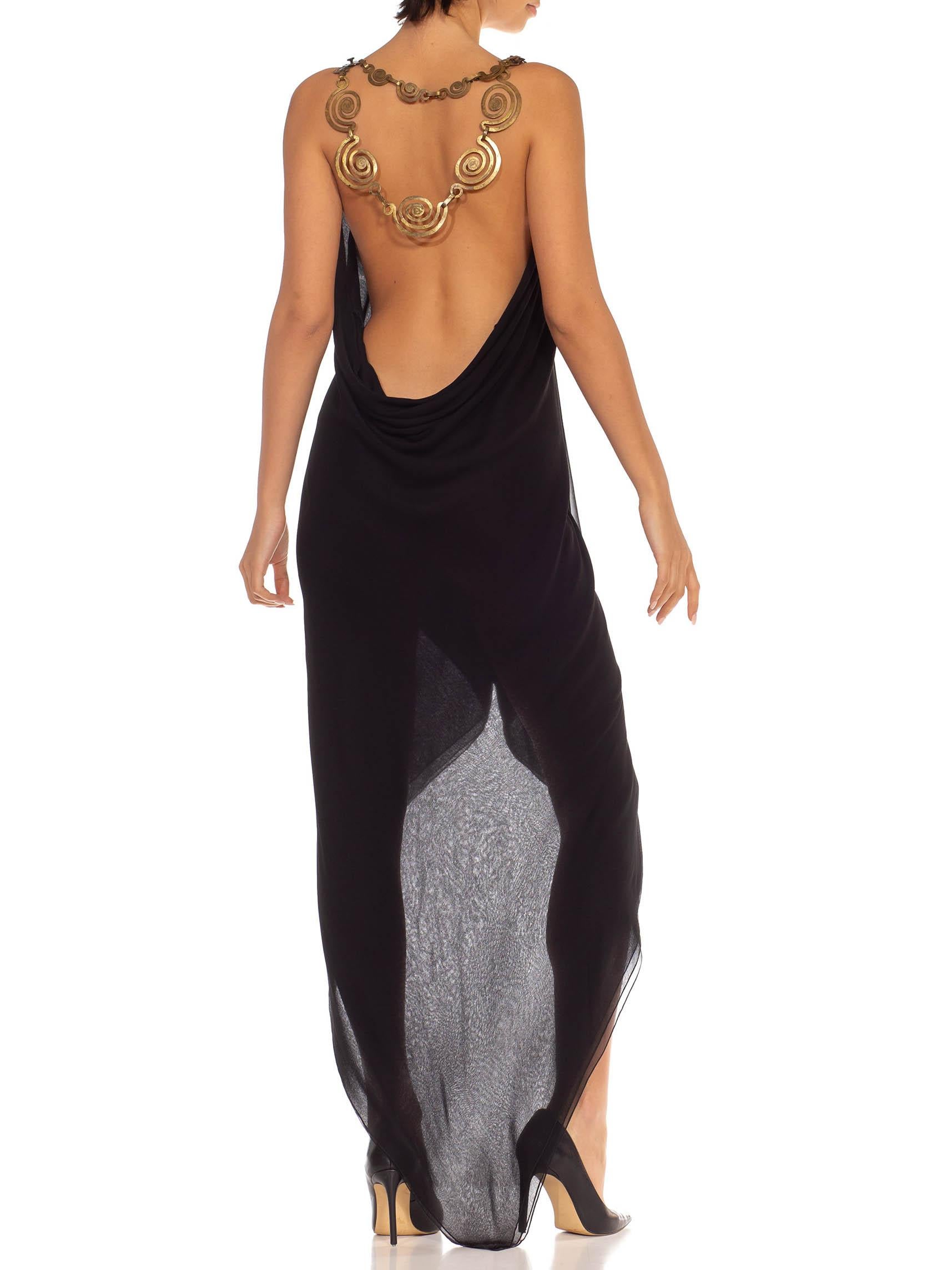 Morphew Collection Black & Gold Silk Chiffon Sexy Grecian Back Chain Gown 3