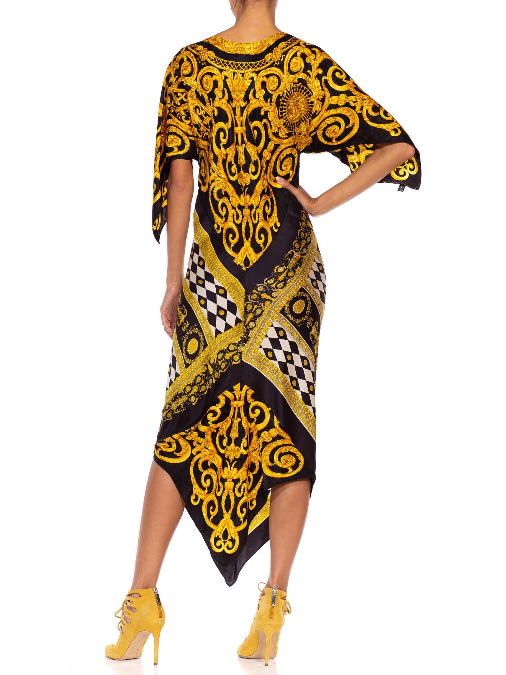 MORPHEW COLLECTION Black & Gold Status Print Silk Geometric Two Scarf Dress 4