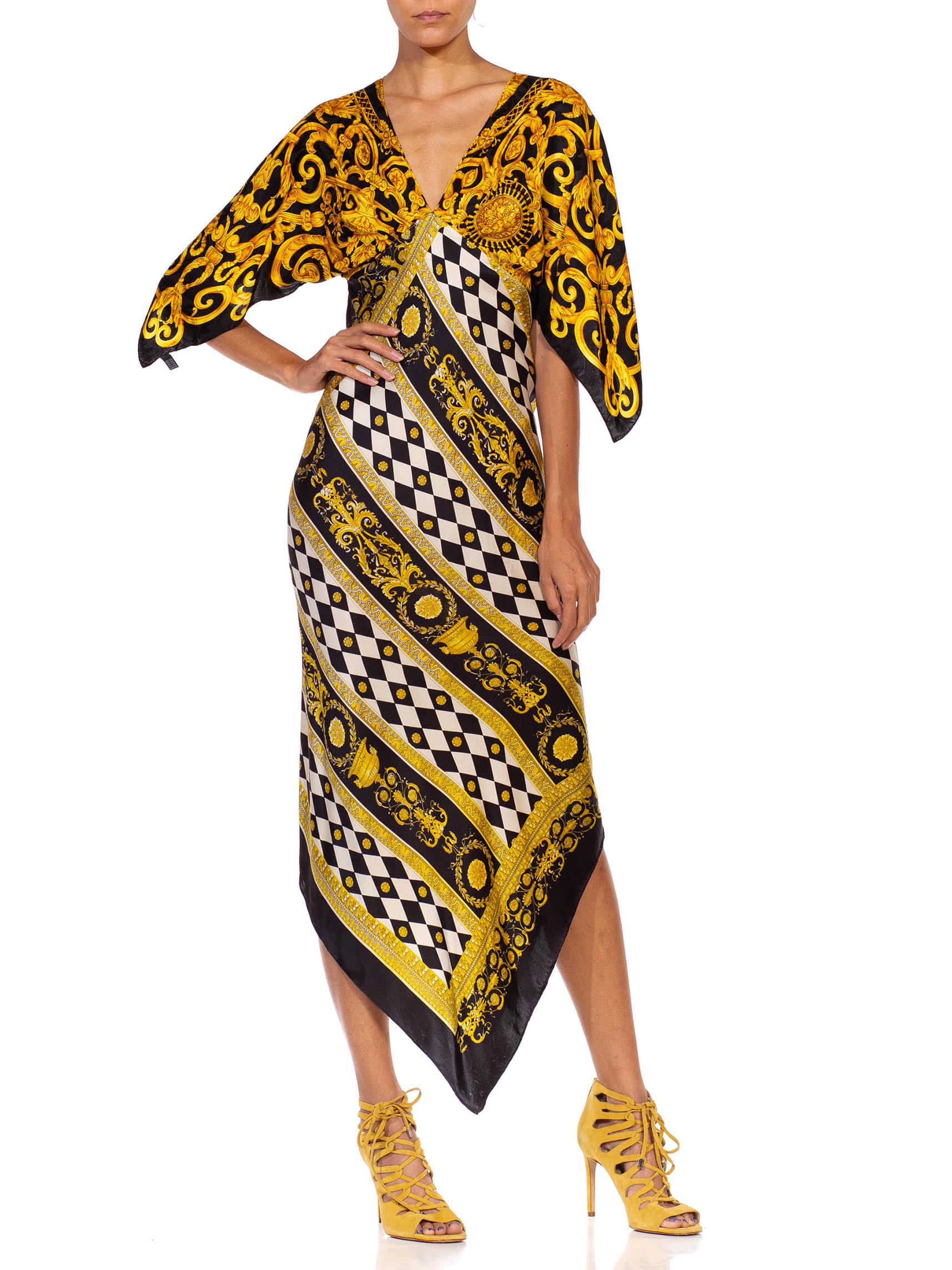 Brown MORPHEW COLLECTION Black & Gold Status Print Silk Geometric Two Scarf Dress