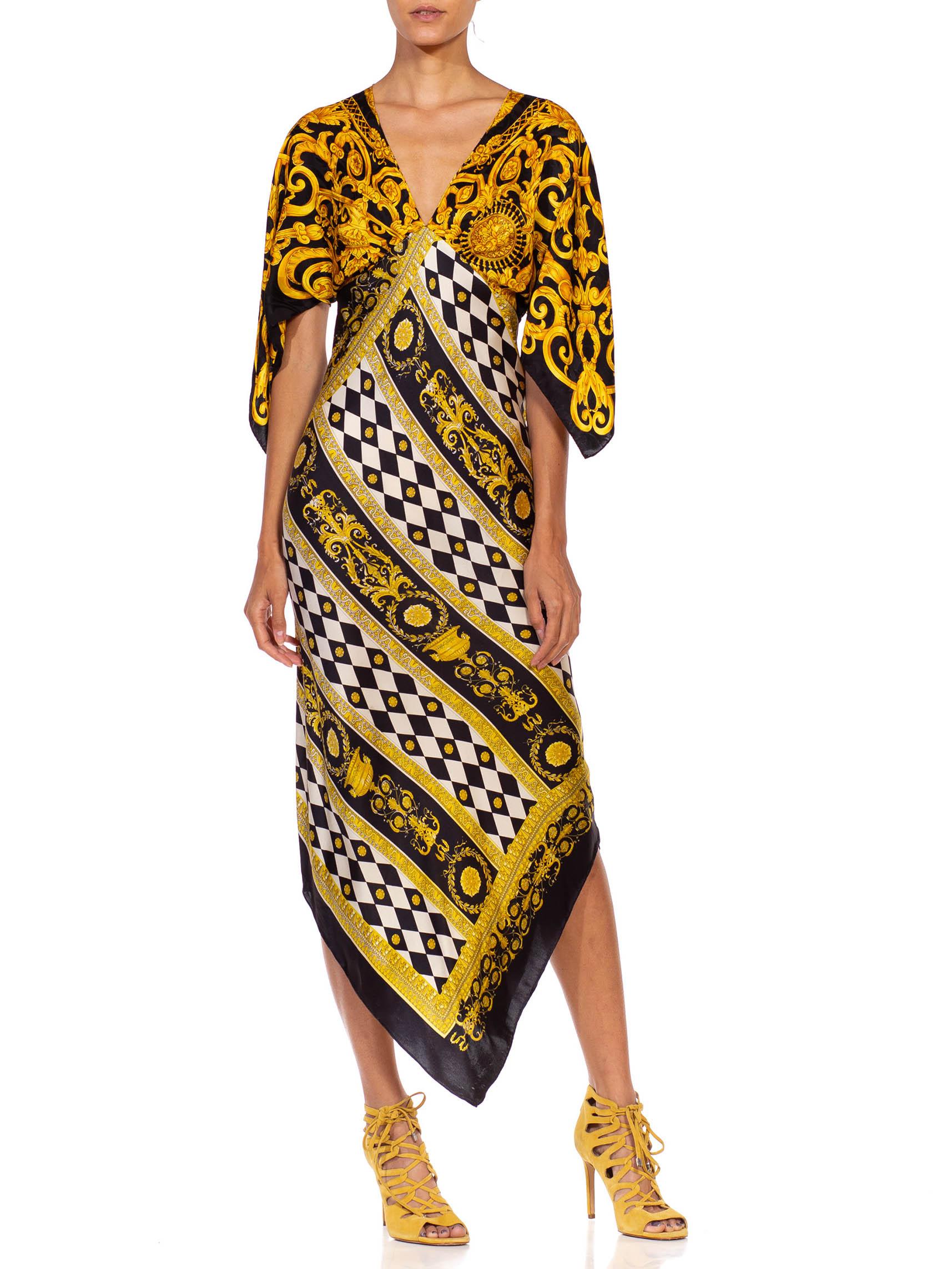 MORPHEW COLLECTION Black & Gold Status Print Silk Geometric Two Scarf Dress In Excellent Condition In New York, NY