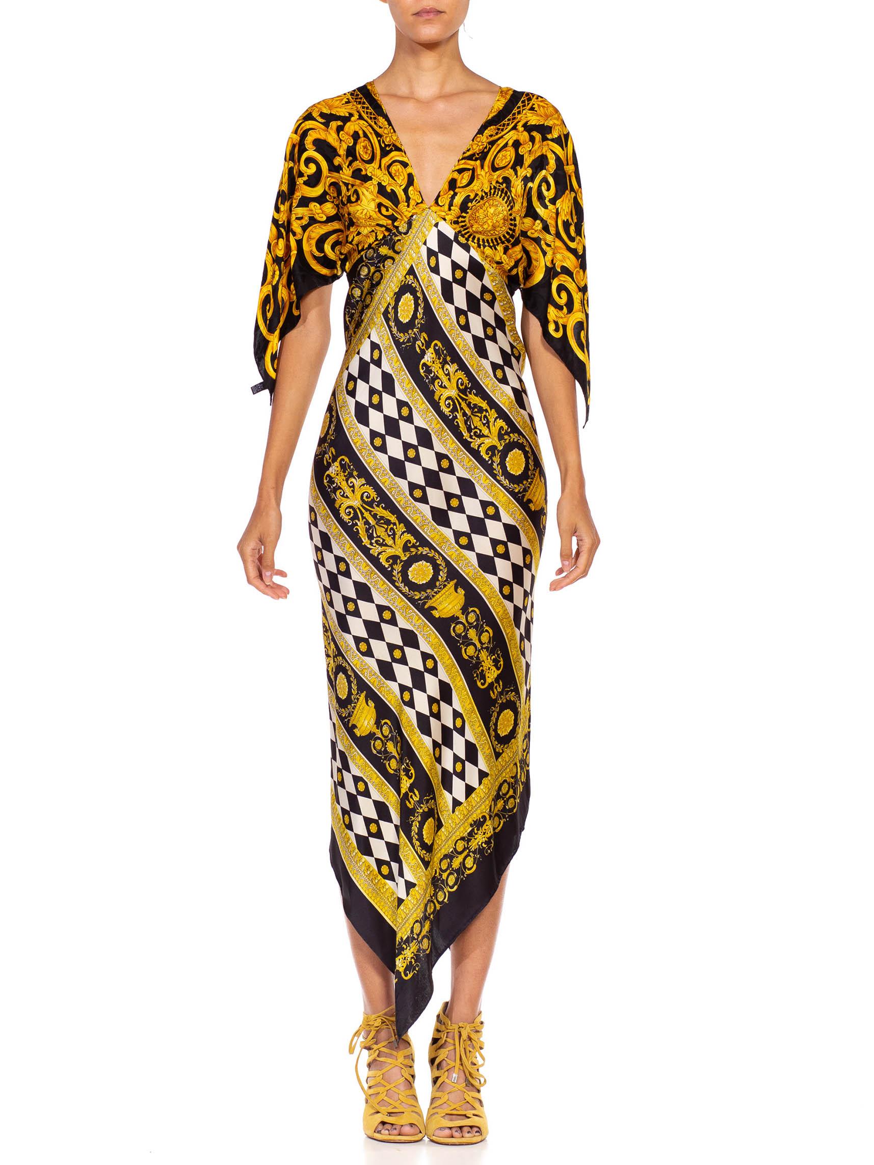 MORPHEW COLLECTION Black & Gold Status Print Silk Geometric Two Scarf Dress 1