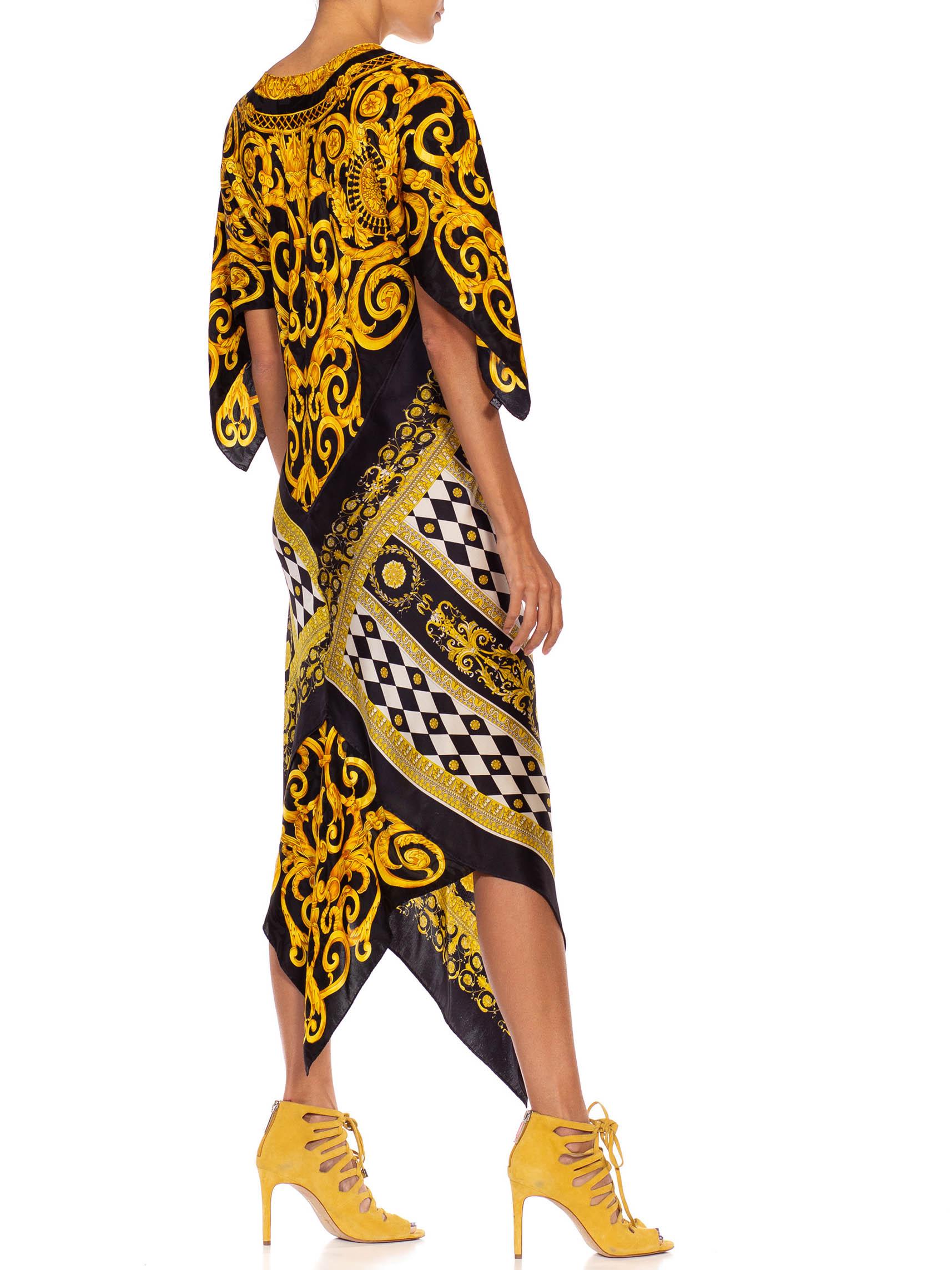 MORPHEW COLLECTION Black & Gold Status Print Silk Geometric Two Scarf Dress 2