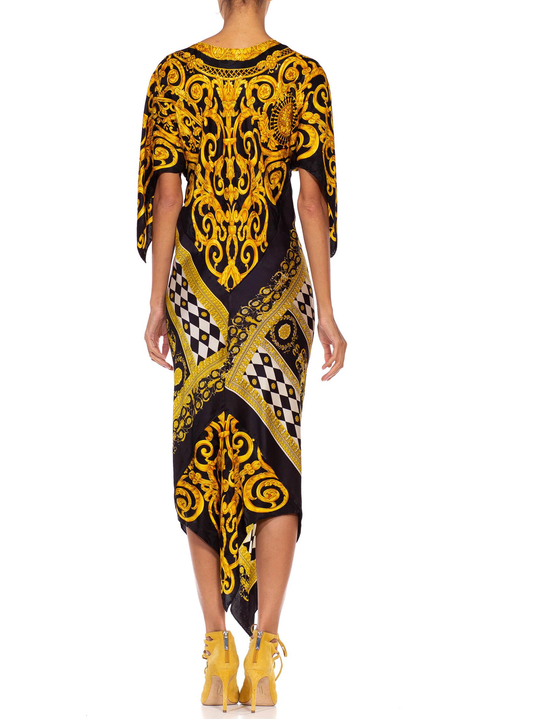 MORPHEW COLLECTION Black & Gold Status Print Silk Geometric Two Scarf Dress 3