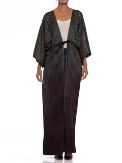 MORPHEW COLLECTION Black & Grey Silk Jaquard Ombré Dip Dyed Kimono With Distres