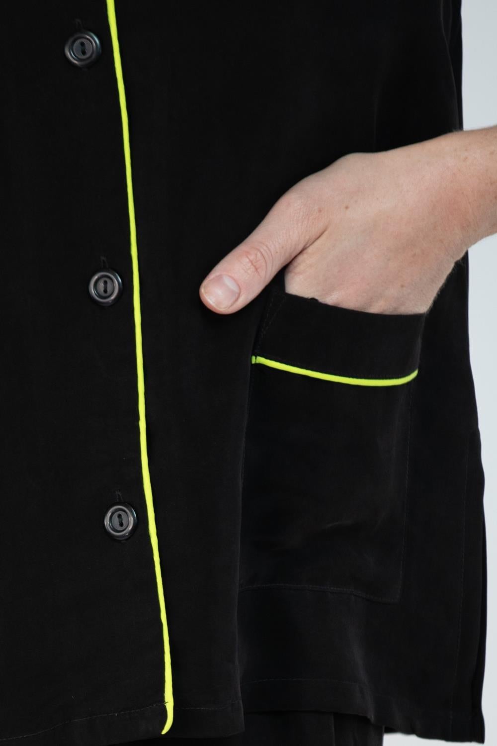 Morphew Collection Black & Neon Yellow Trim Cold Rayon Bias Pajamas Master Medi For Sale 6