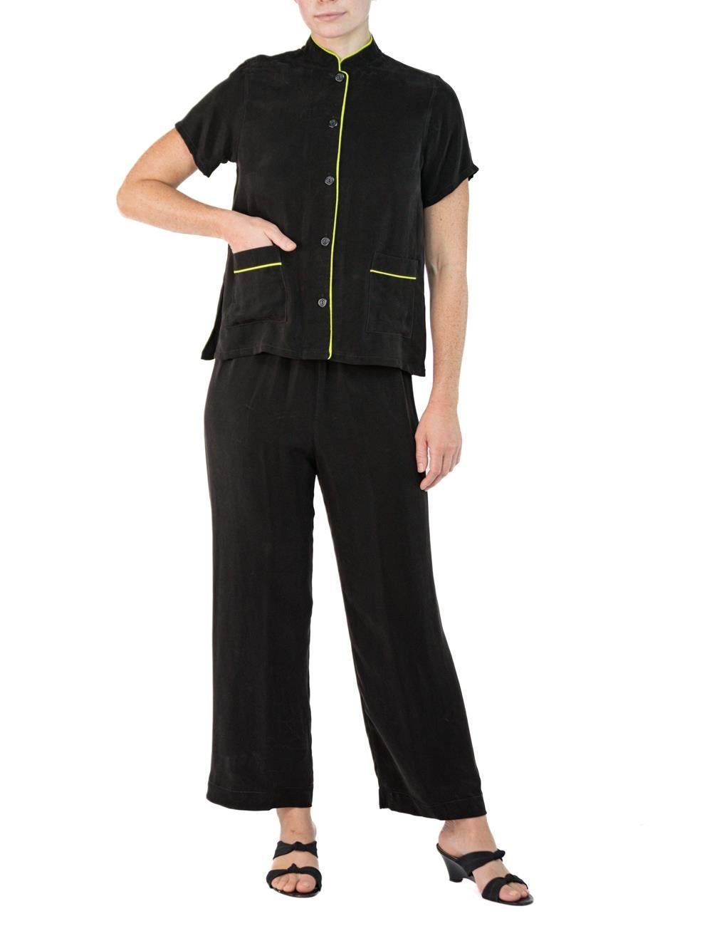 Morphew Collection Black & Neon Yellow Trim Cold Rayon Bias Pajamas Master Medi For Sale 3