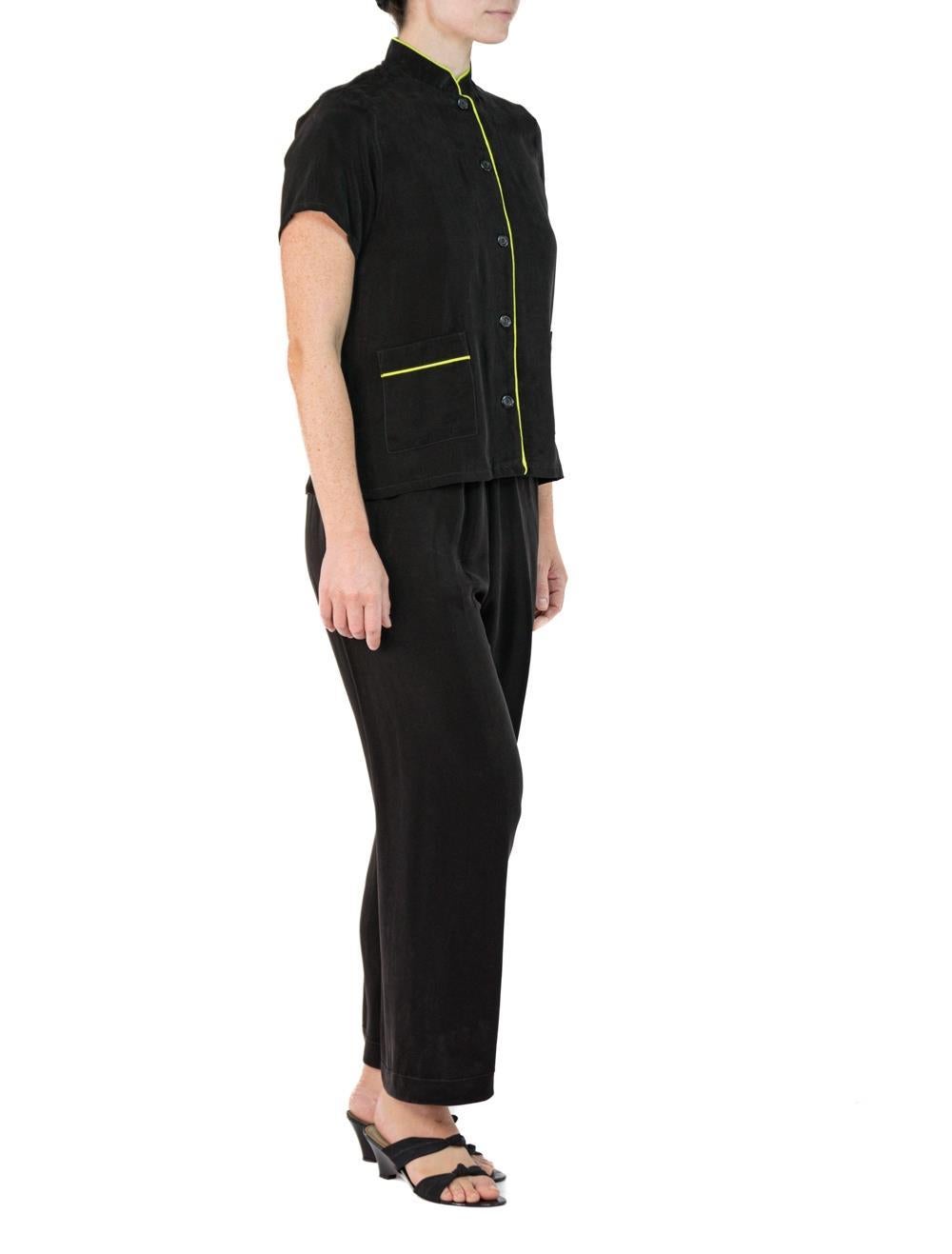 Morphew Collection Black & Neon Yellow Trim Cold Rayon Bias Pajamas Master Medi For Sale 4