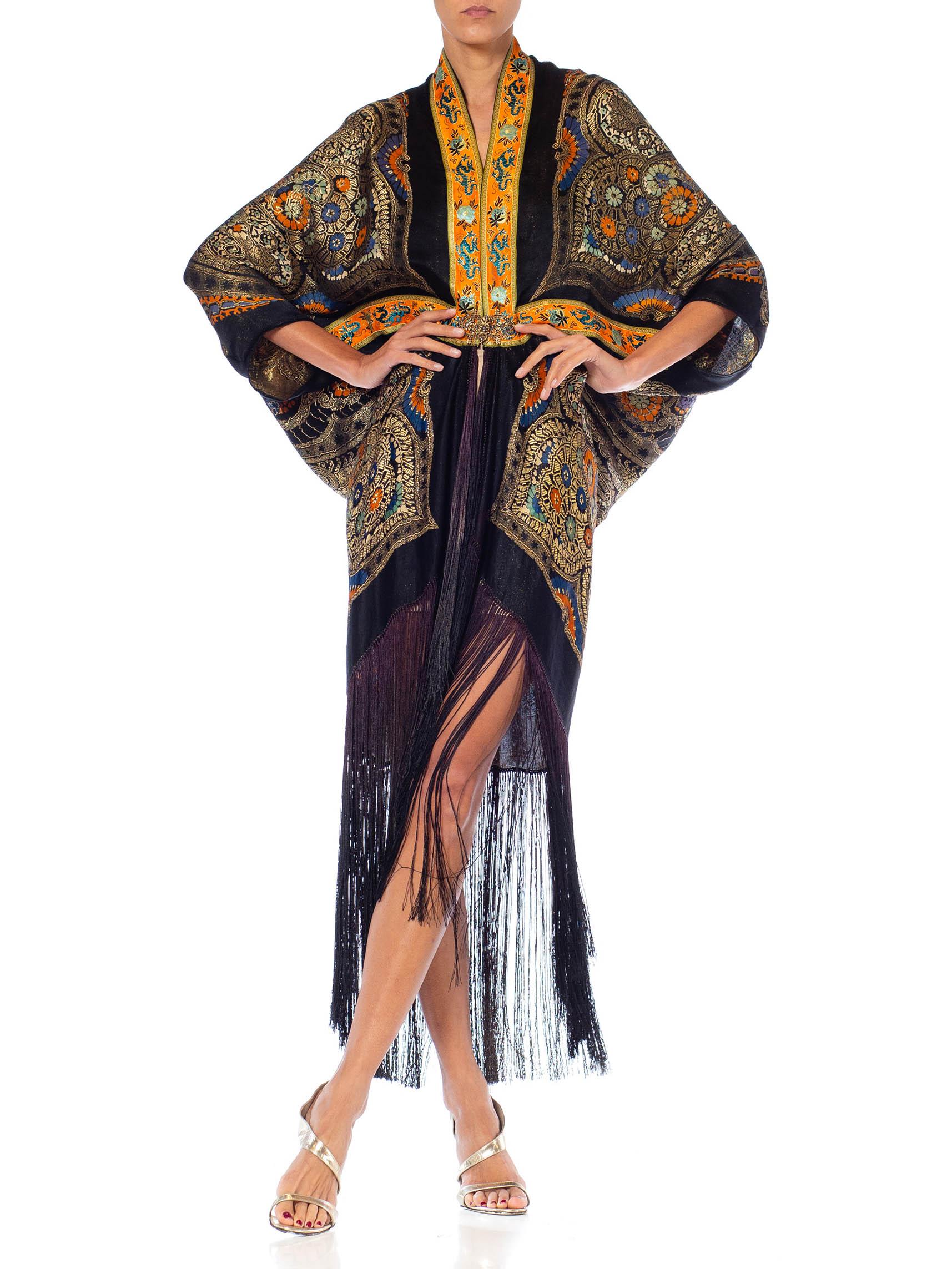 Morphew Collection Black, Orange & Gold Silk Lamé Floral Paisley Cocoon With Fr For Sale 3