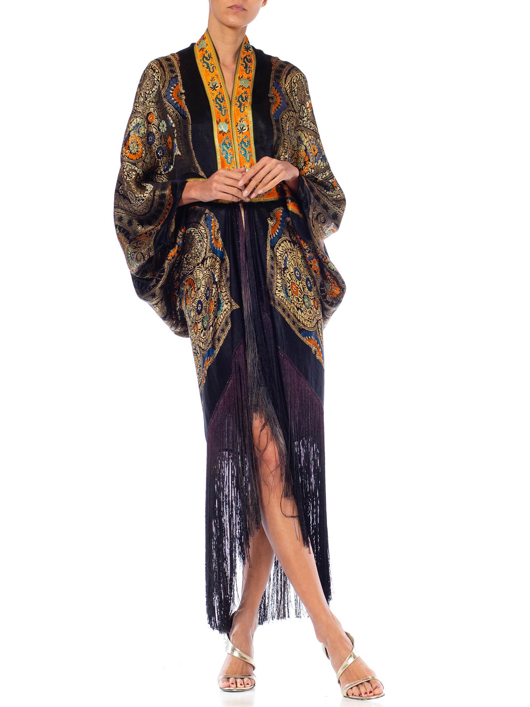 Morphew Collection Black, Orange & Gold Silk Lamé Floral Paisley Cocoon With Fr For Sale 4
