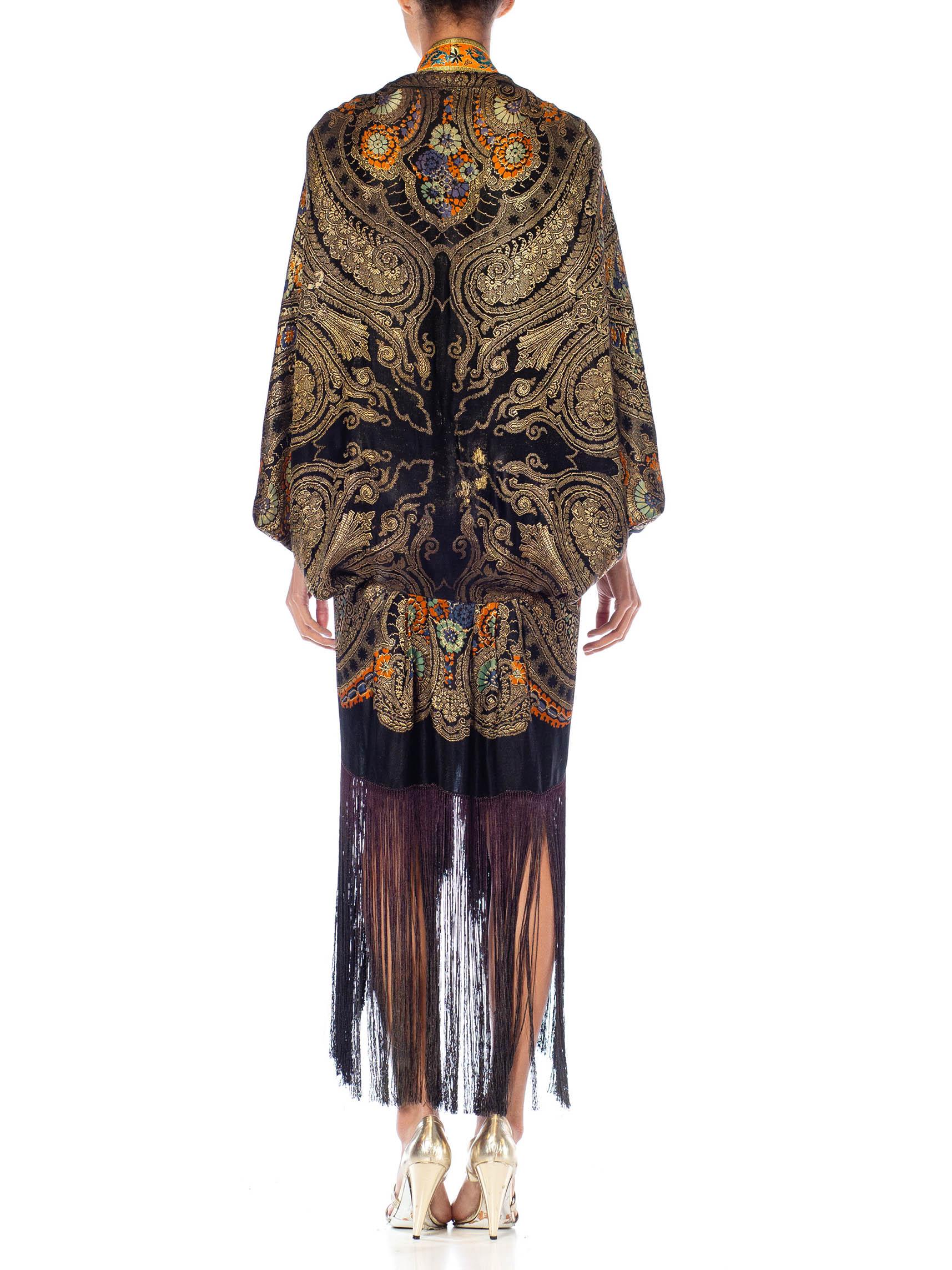 Morphew Collection Black, Orange & Gold Silk Lamé Floral Paisley Cocoon With Fr For Sale 5