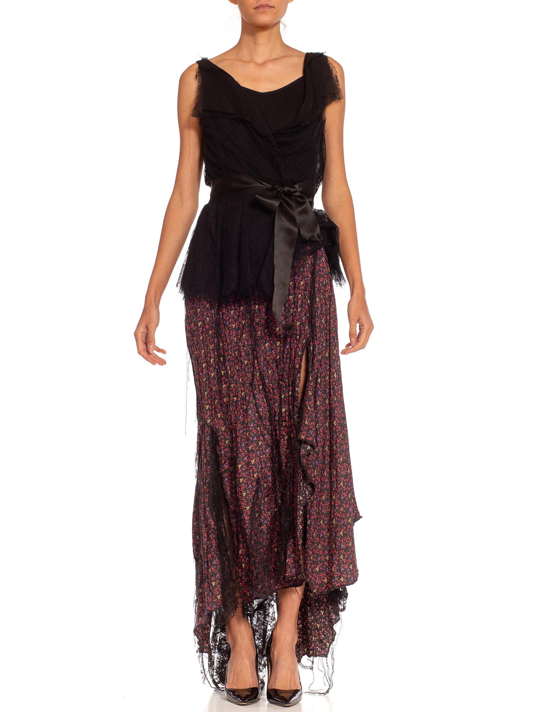 MORPHEW COLLECTION Black & Red Silk Deconstructed Chantilly Lace 1930S Skirt, B 5