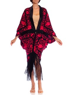 MORPHEW COLLECTION Black & Red Silk Embroidered Floral Cocoon With Fringe