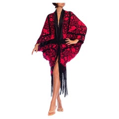 MORPHEW COLLECTION Black & Red Silk Embroidered Floral Cocoon With Fringe